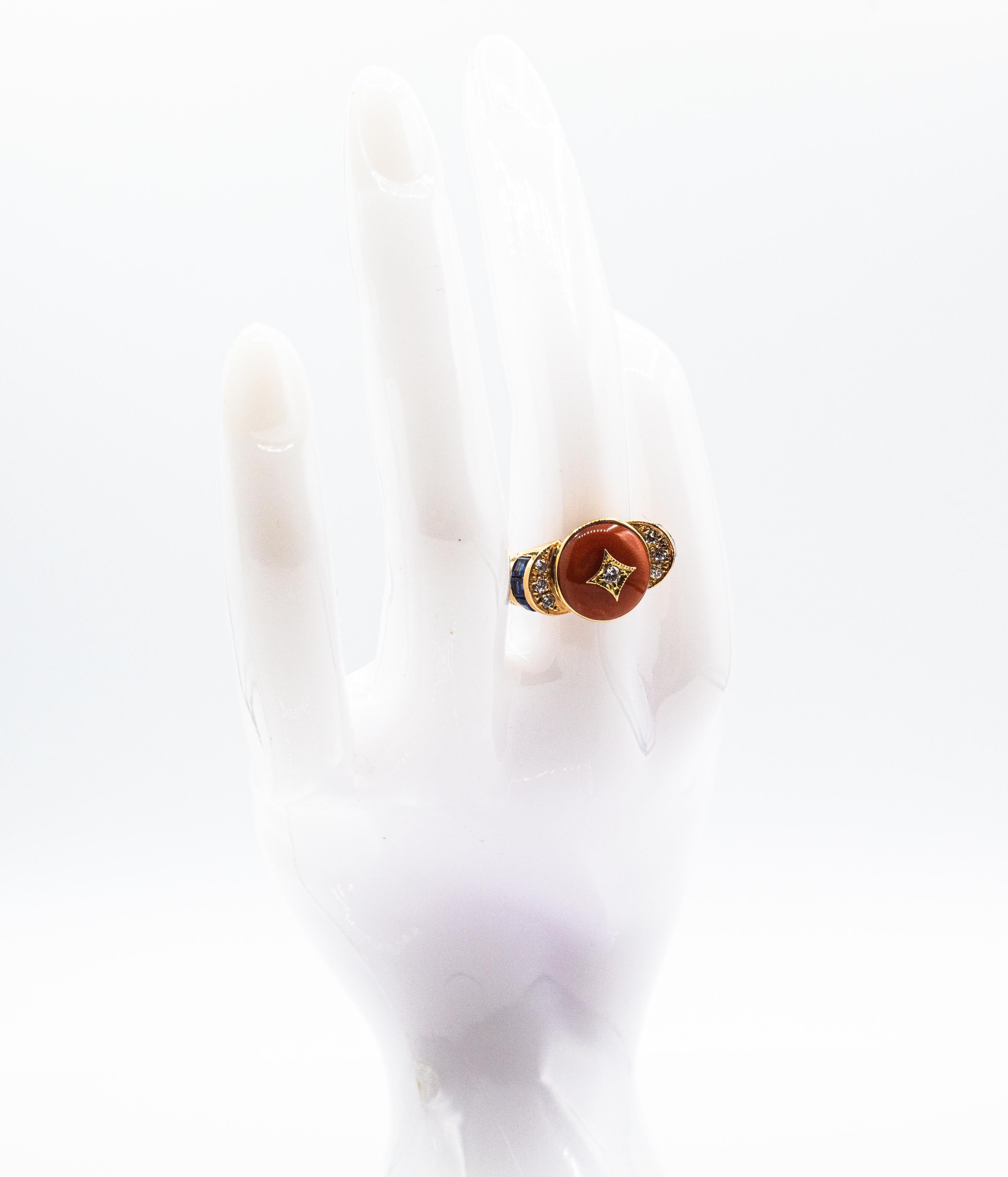 Art Deco Style White Diamond Blue Sapphire Red Coral Yellow Gold Cocktail Ring For Sale 8