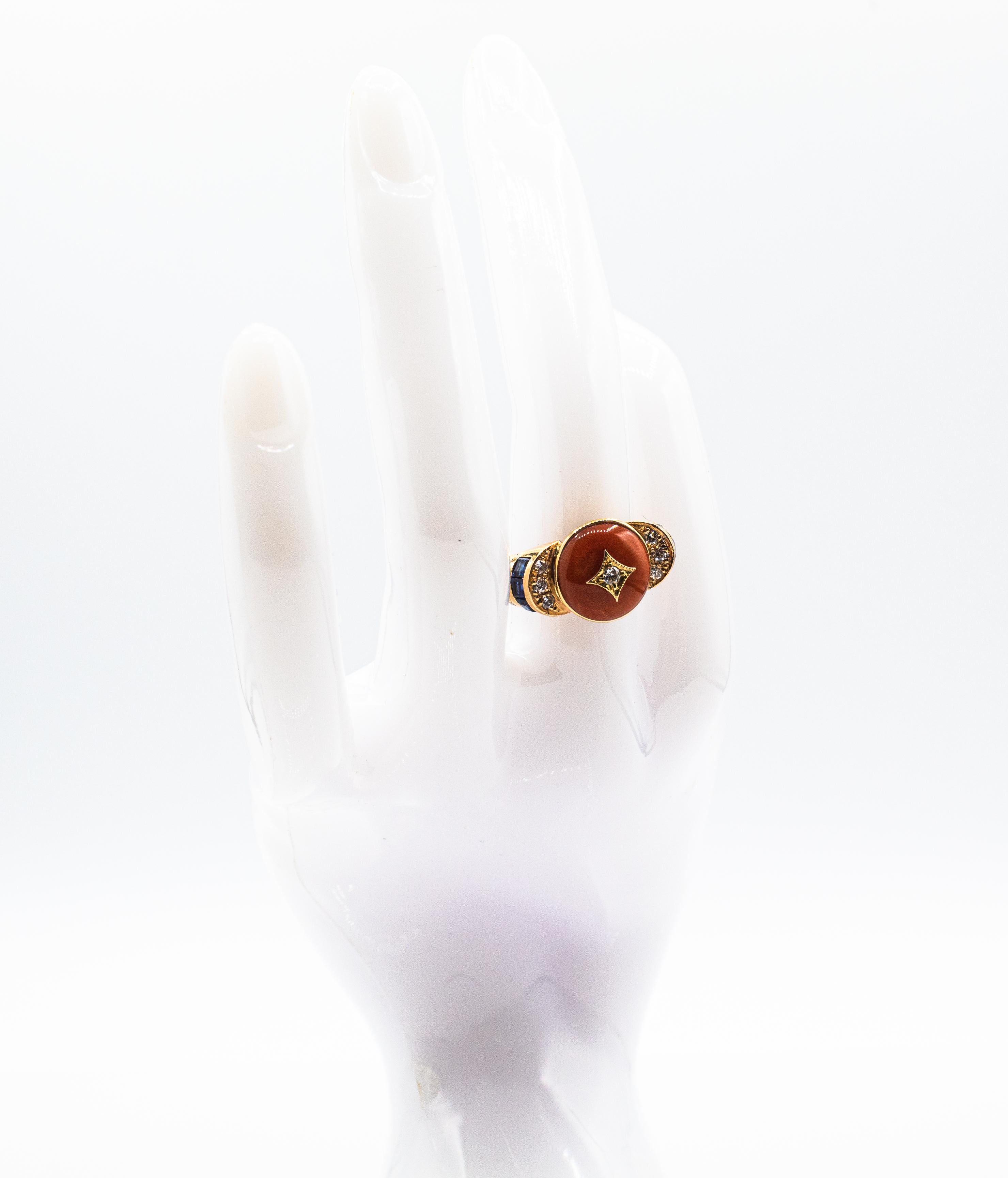 Art Deco Style White Diamond Blue Sapphire Red Coral Yellow Gold Cocktail Ring 10