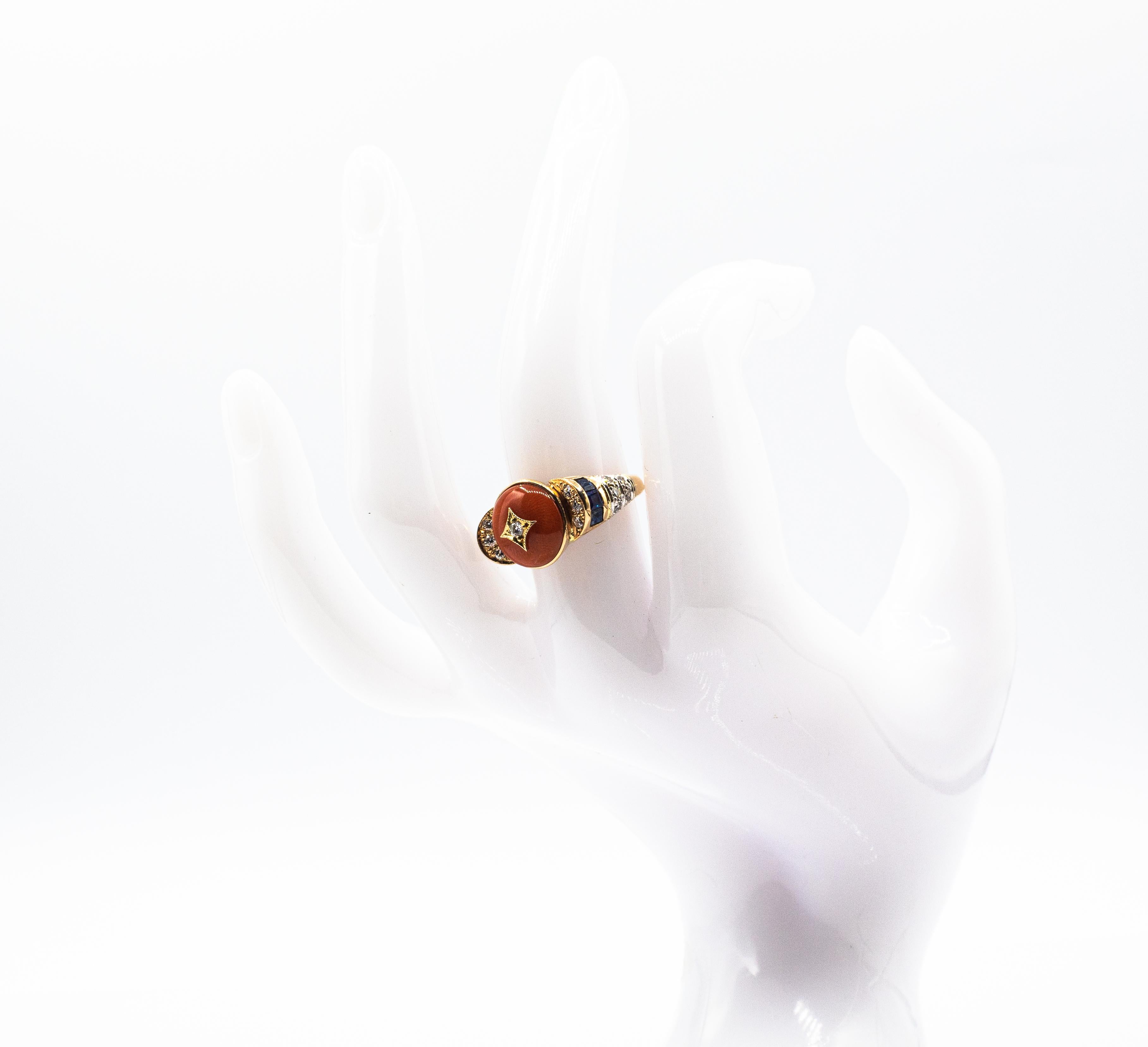 Art Deco Style White Diamond Blue Sapphire Red Coral Yellow Gold Cocktail Ring 11