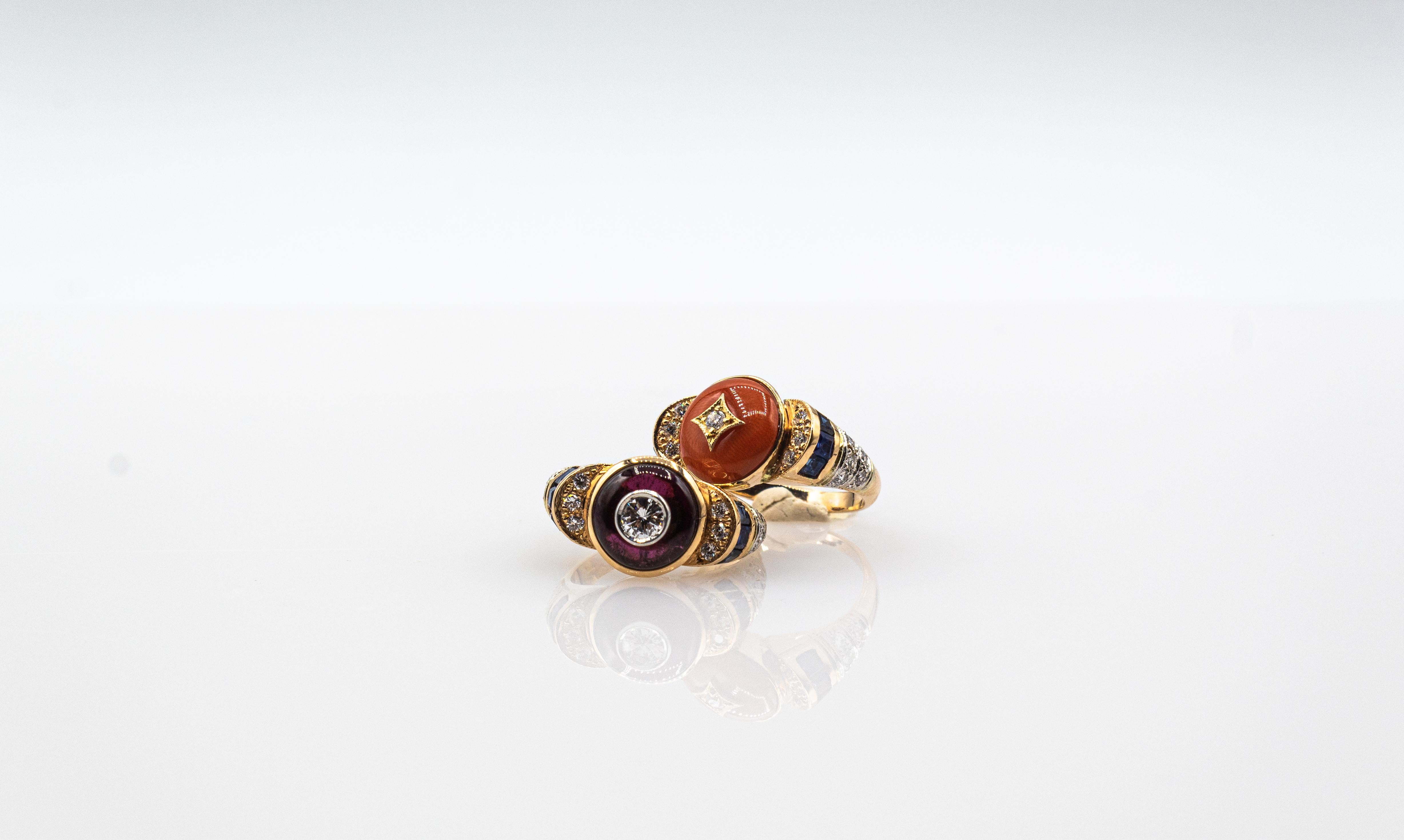 Brilliant Cut Art Deco Style White Diamond Blue Sapphire Red Coral Yellow Gold Cocktail Ring
