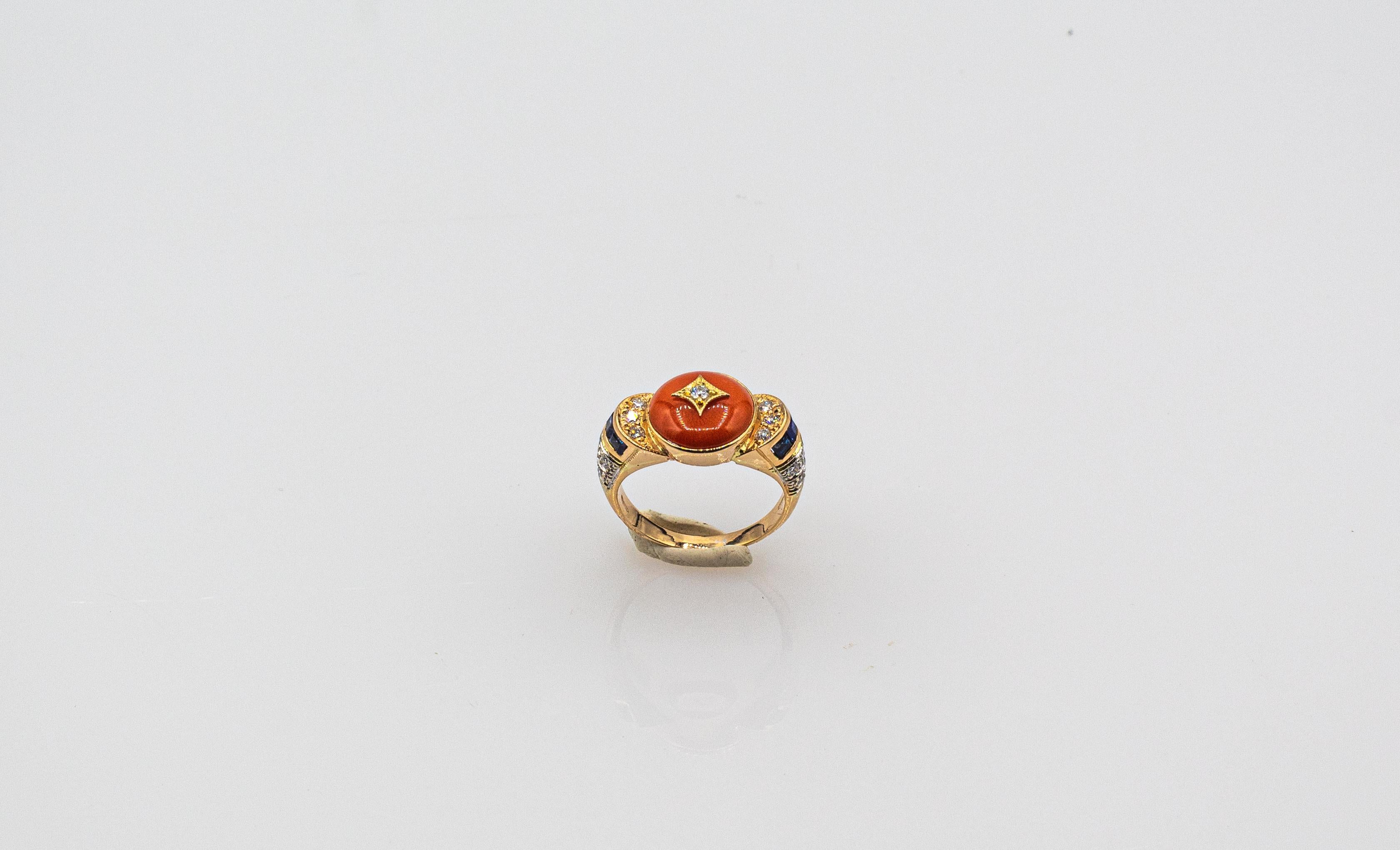 Art Deco Style White Diamond Blue Sapphire Red Coral Yellow Gold Cocktail Ring In New Condition In Naples, IT