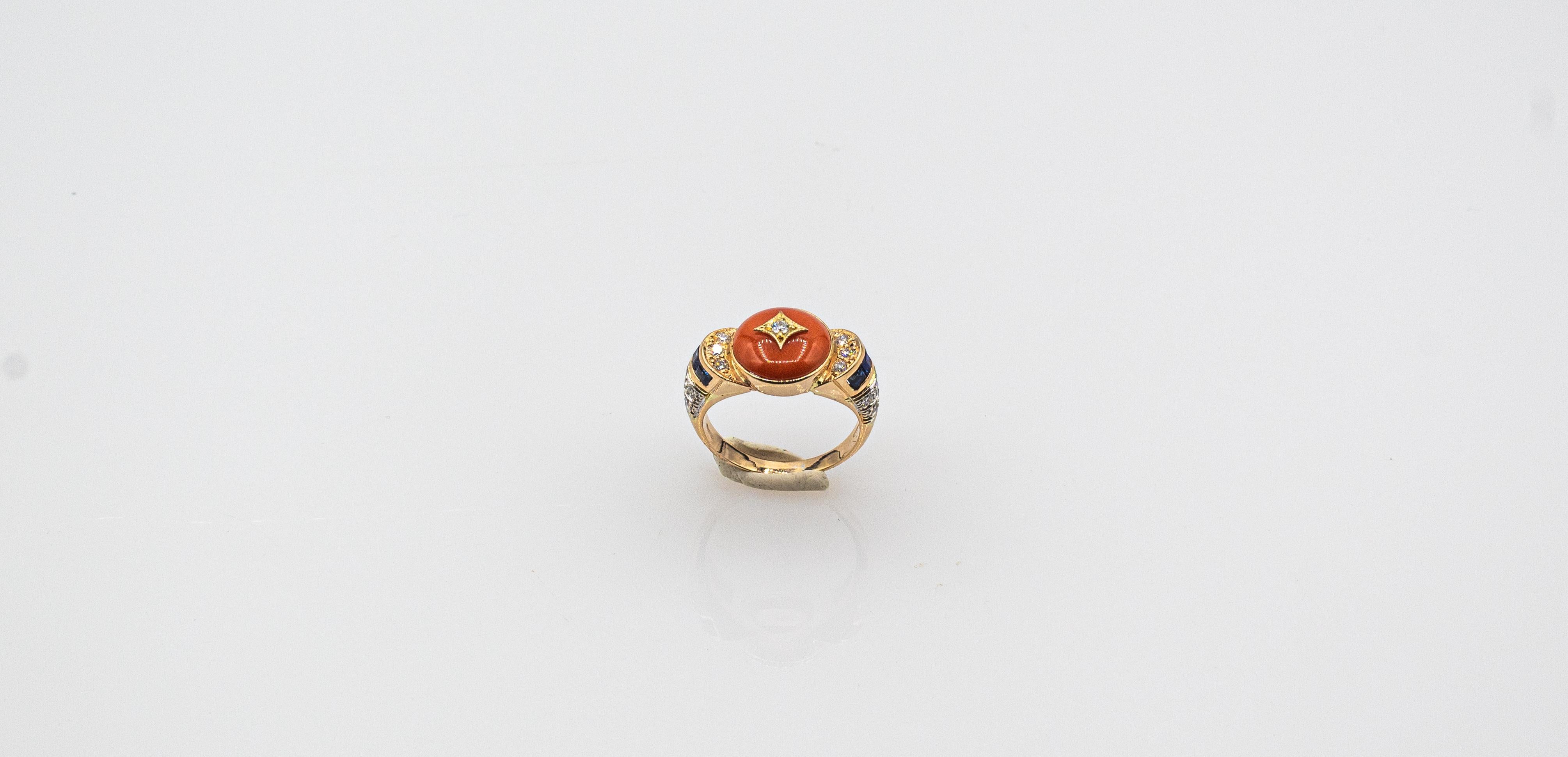 Brilliant Cut Art Deco Style White Diamond Blue Sapphire Red Coral Yellow Gold Cocktail Ring For Sale