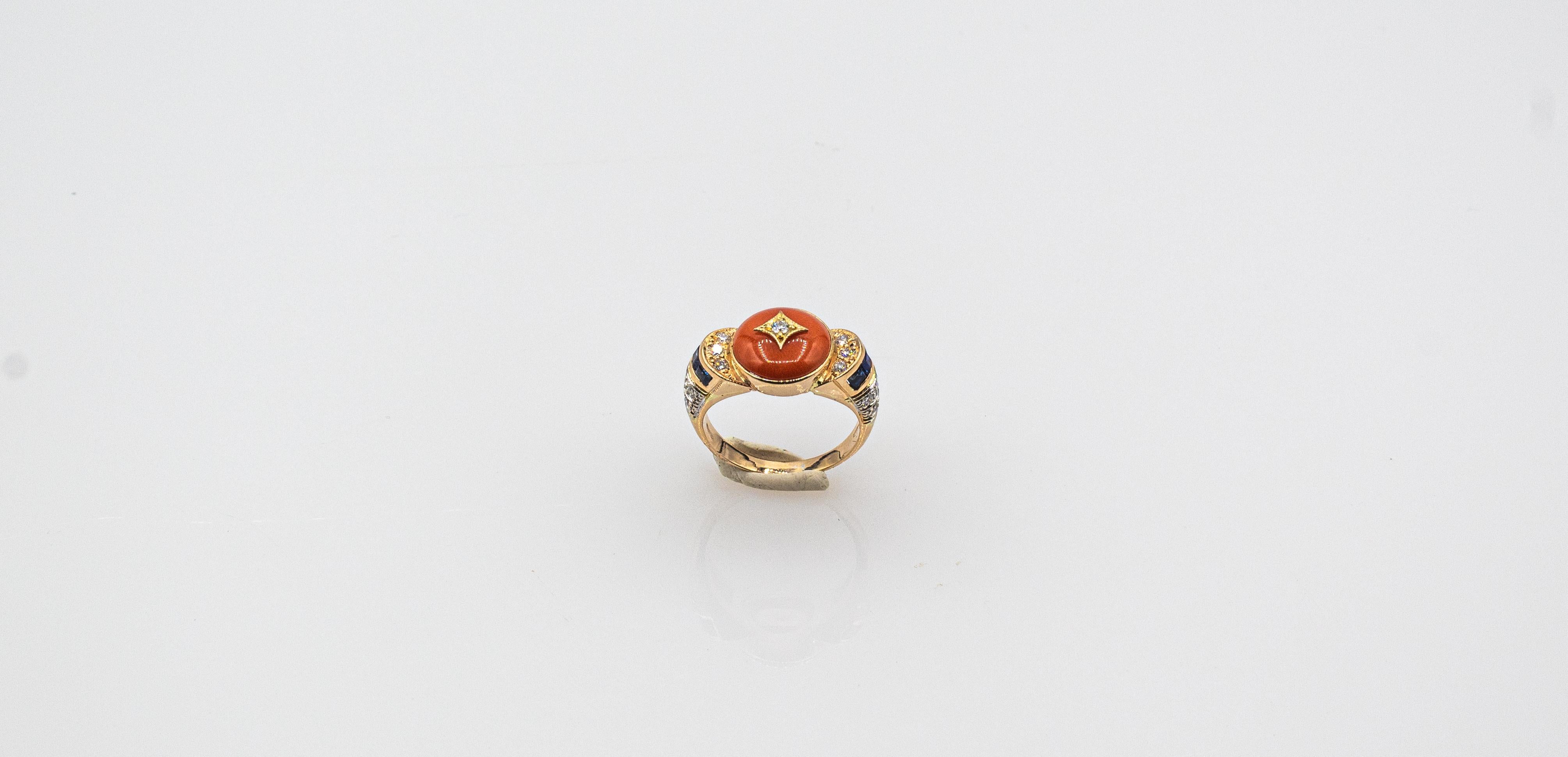 Women's or Men's Art Deco Style White Diamond Blue Sapphire Red Coral Yellow Gold Cocktail Ring