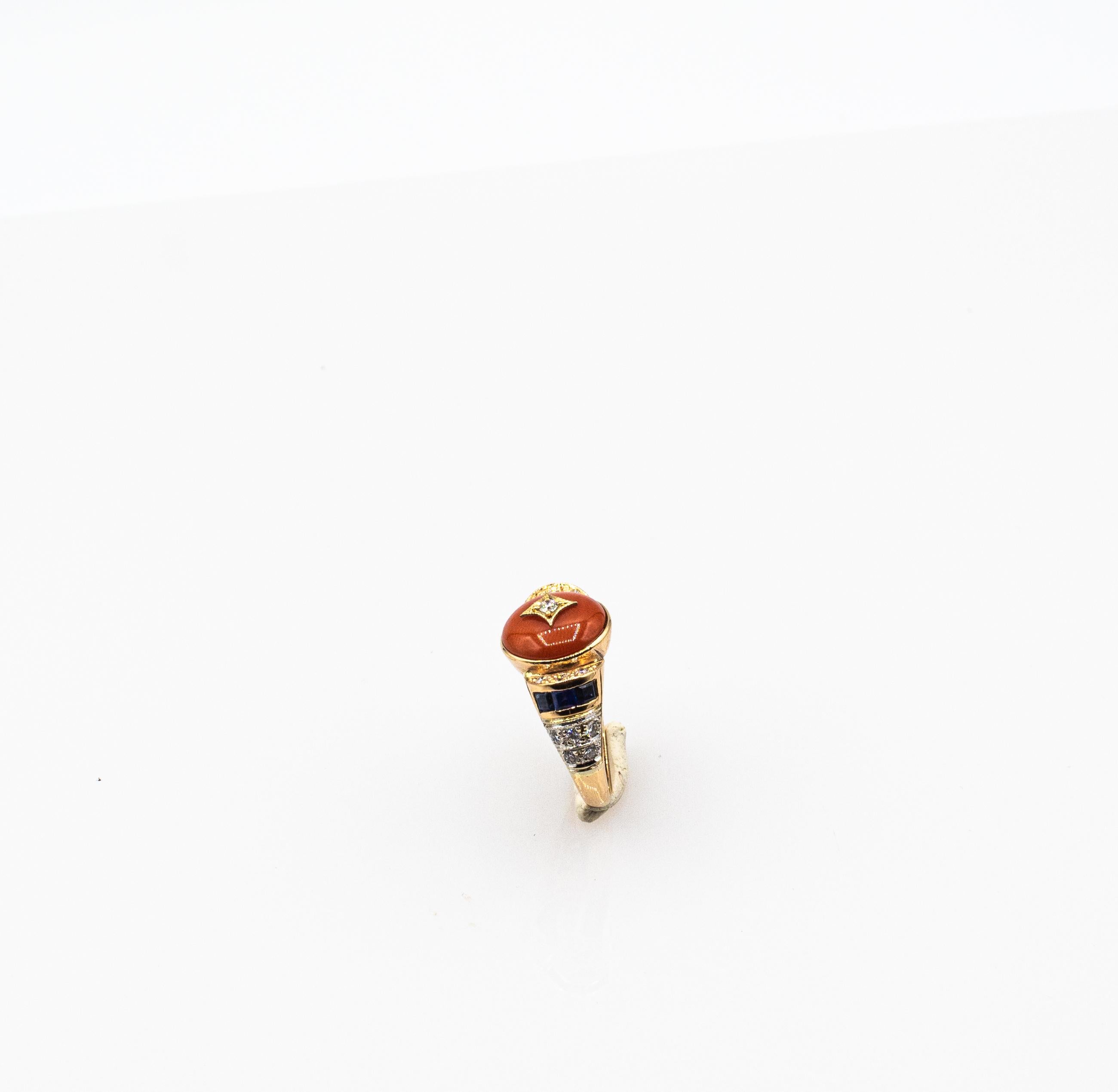 Art Deco Style White Diamond Blue Sapphire Red Coral Yellow Gold Cocktail Ring In New Condition For Sale In Naples, IT