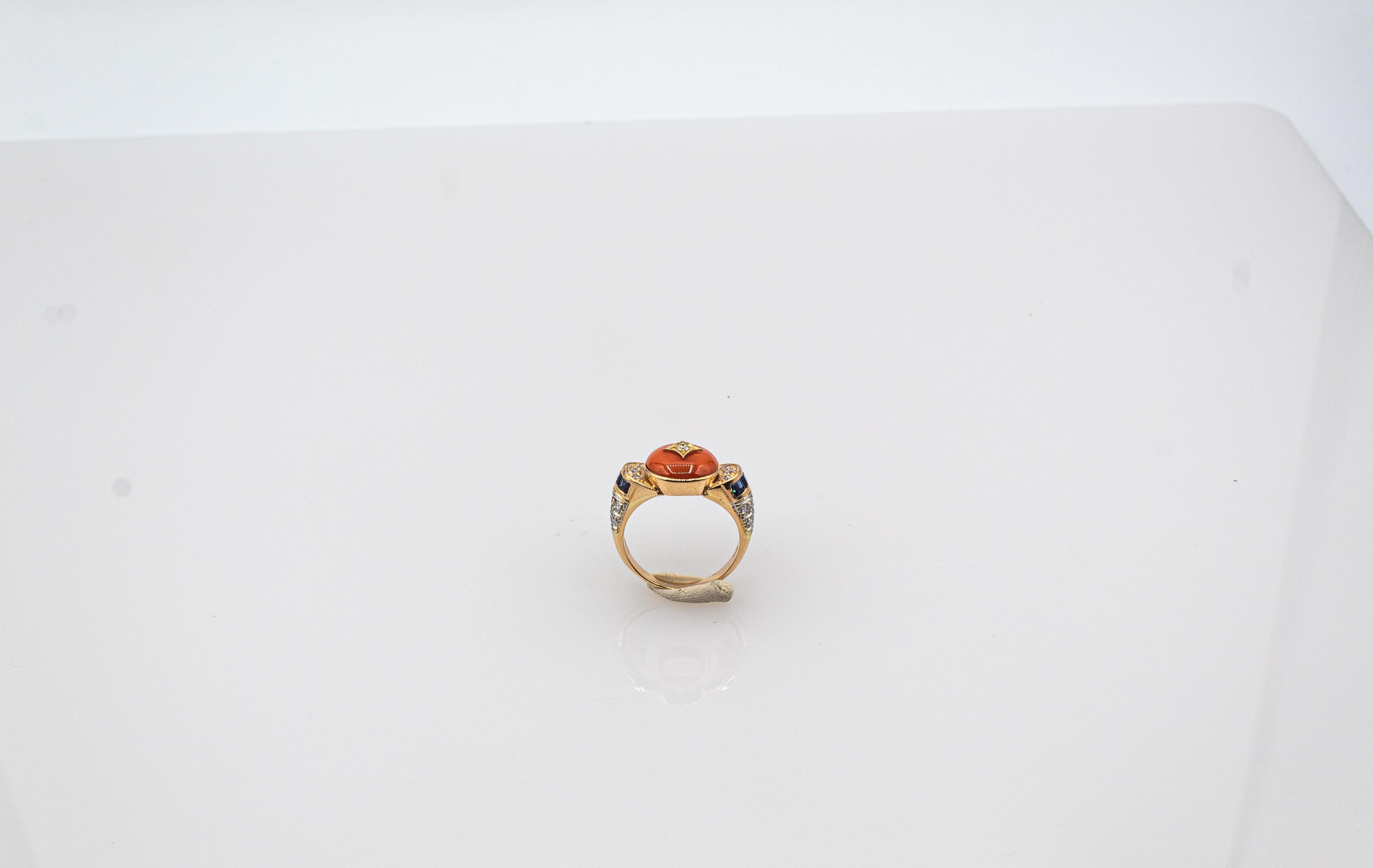 Women's or Men's Art Deco Style White Diamond Blue Sapphire Red Coral Yellow Gold Cocktail Ring For Sale