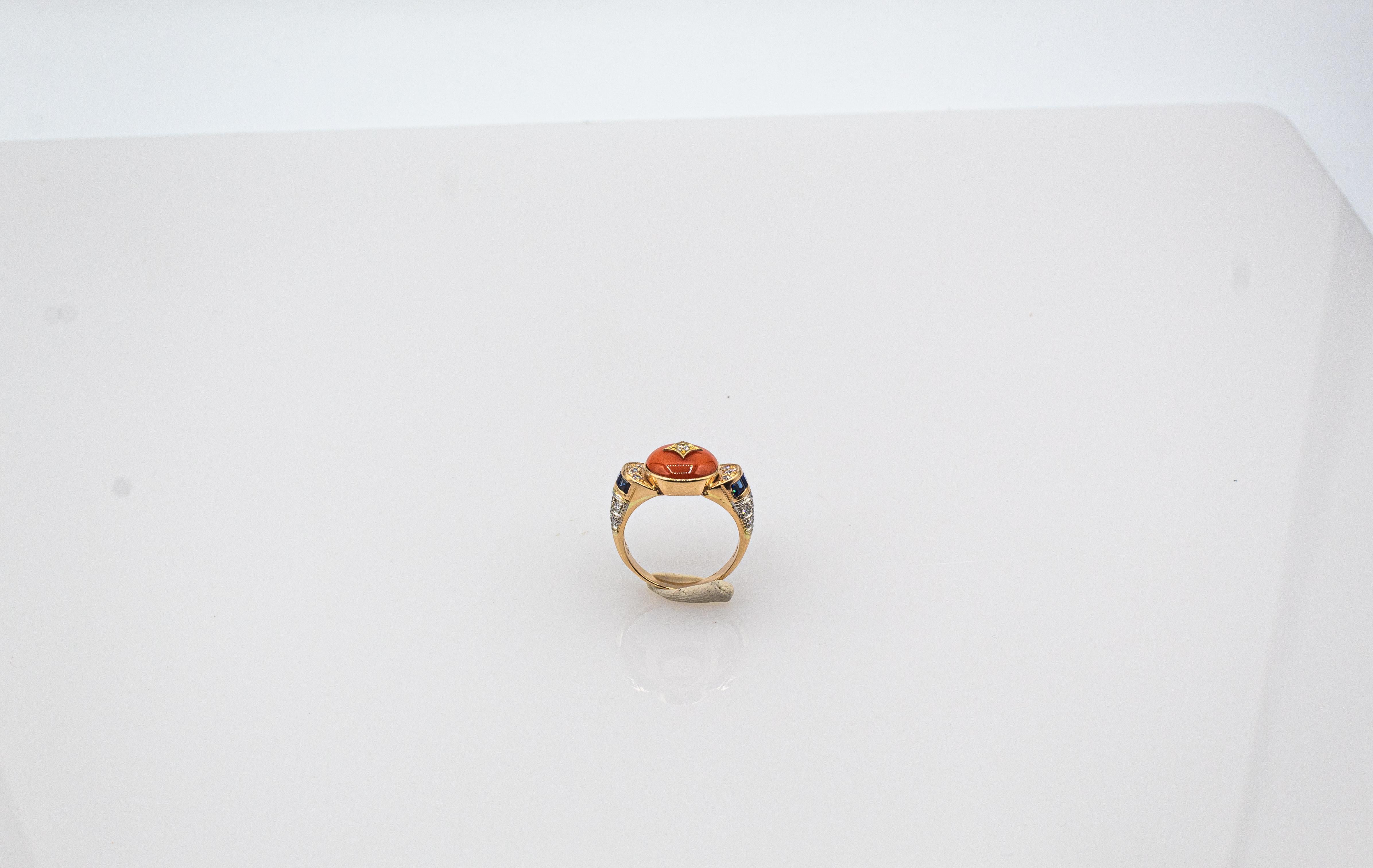 Art Deco Style White Diamond Blue Sapphire Red Coral Yellow Gold Cocktail Ring 2