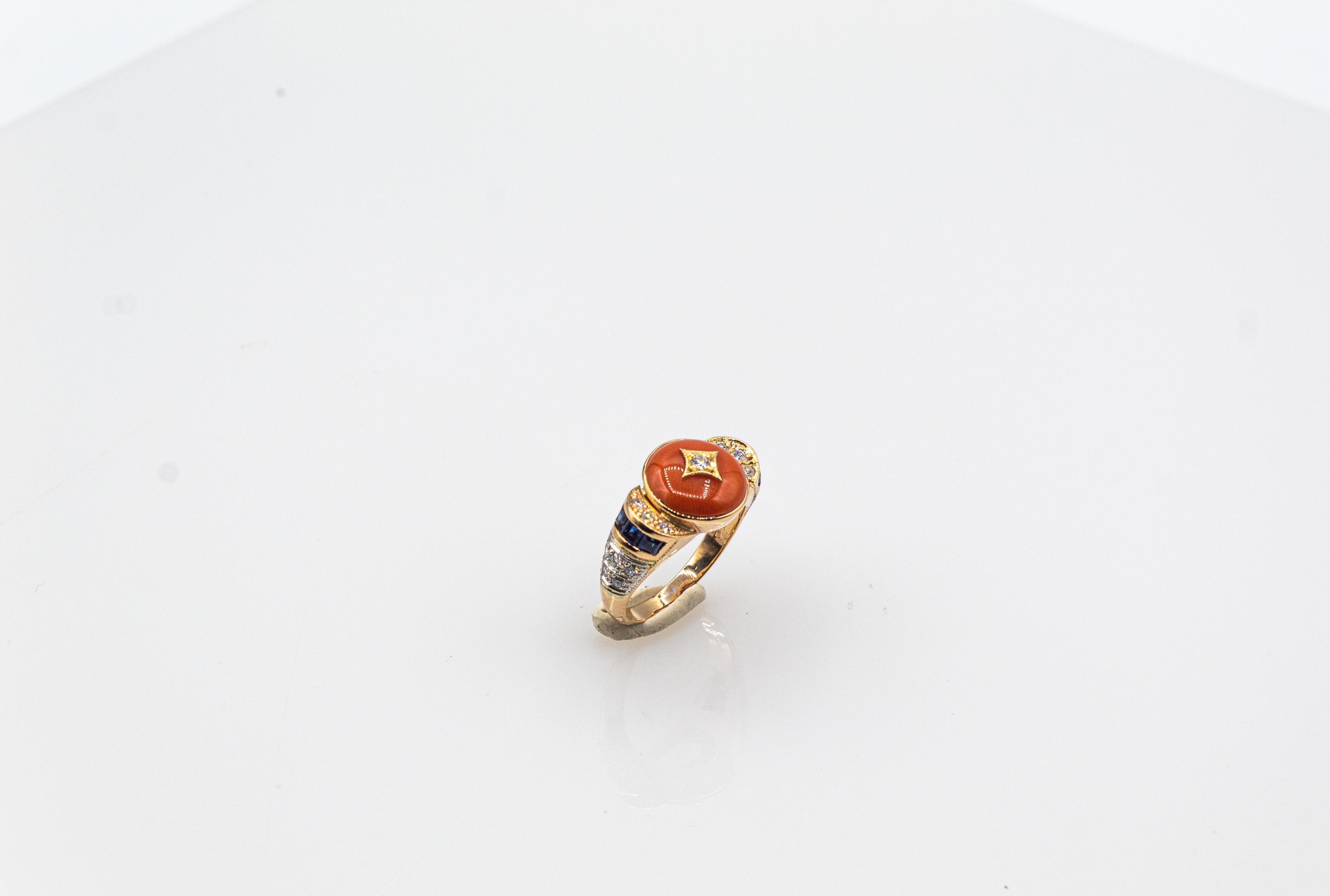 Art Deco Style White Diamond Blue Sapphire Red Coral Yellow Gold Cocktail Ring For Sale 1