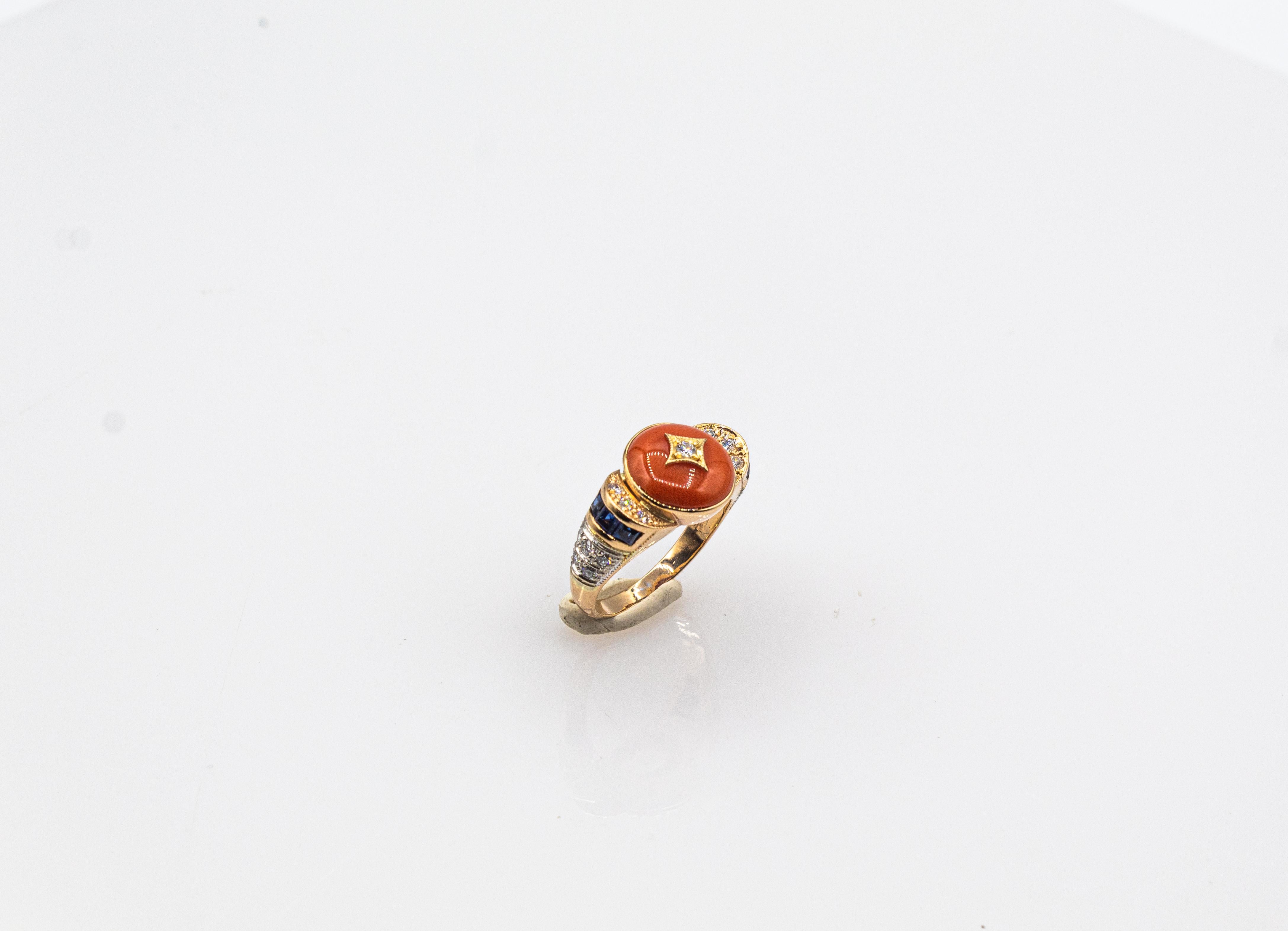 Art Deco Style White Diamond Blue Sapphire Red Coral Yellow Gold Cocktail Ring For Sale 2
