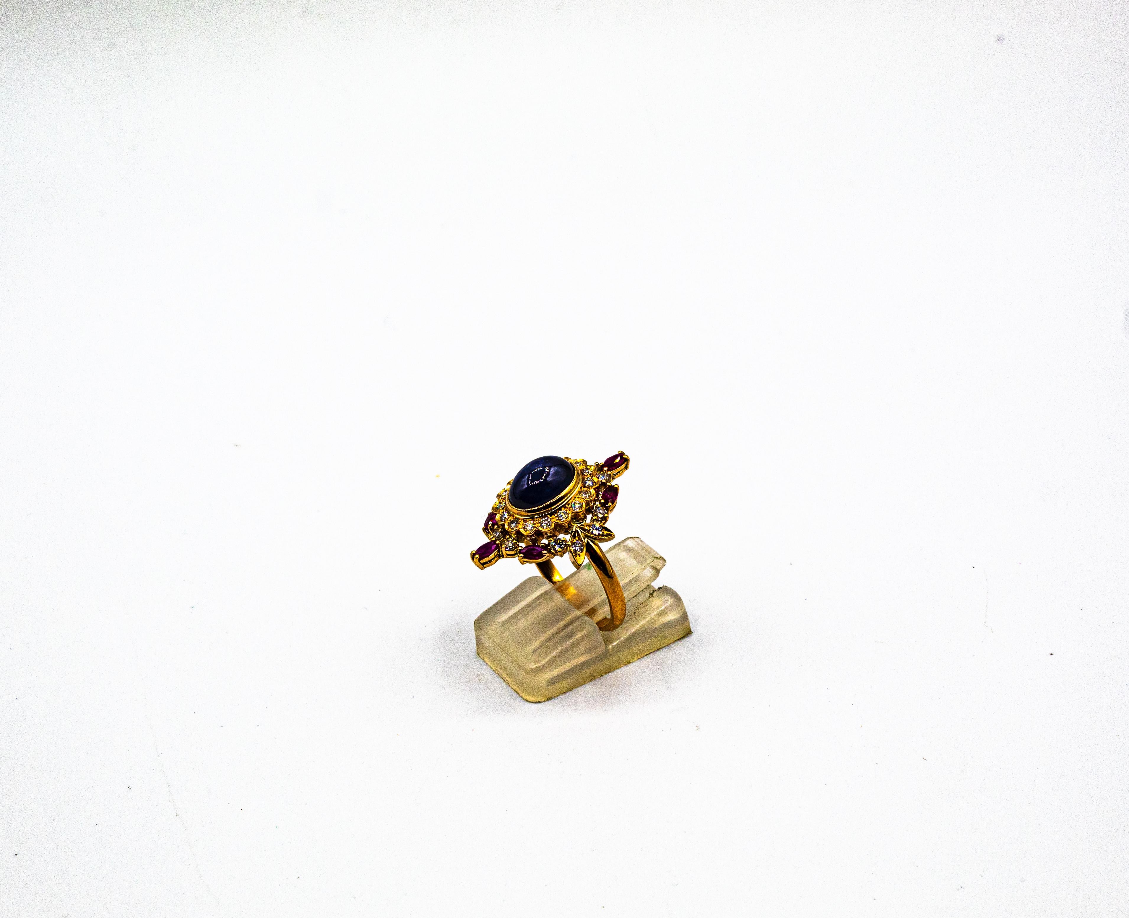 Art Deco Style White Diamond Blue Sapphire Ruby Yellow Gold Cocktail Ring In New Condition For Sale In Naples, IT