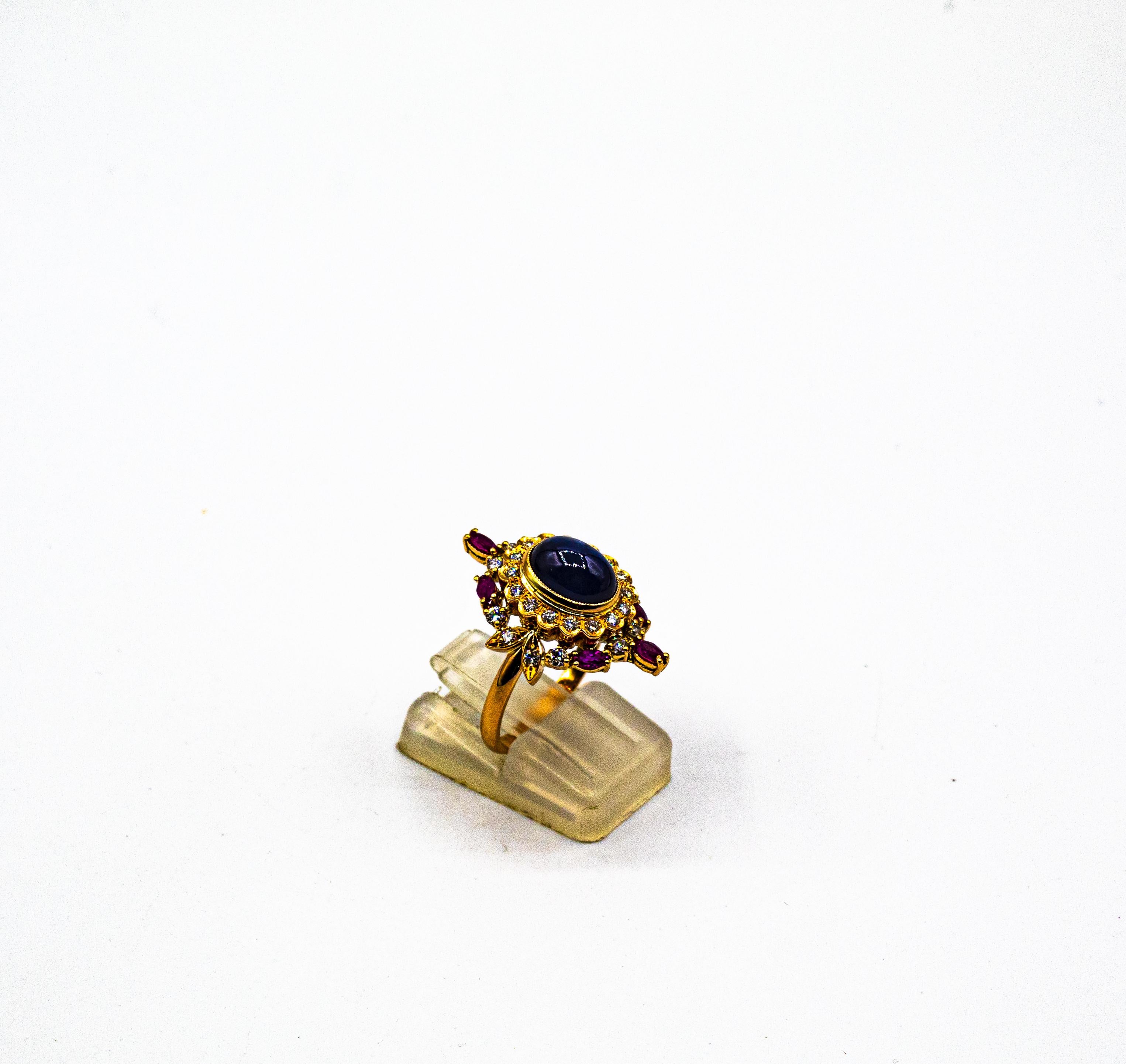 Women's or Men's Art Deco Style White Diamond Blue Sapphire Ruby Yellow Gold Cocktail Ring For Sale