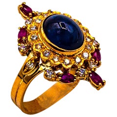 Art Deco Style White Diamond Blue Sapphire Ruby Yellow Gold Cocktail Ring