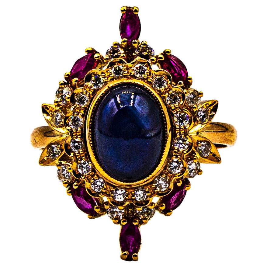 Art Deco Style White Diamond Blue Sapphire Ruby Yellow Gold Cocktail Ring For Sale