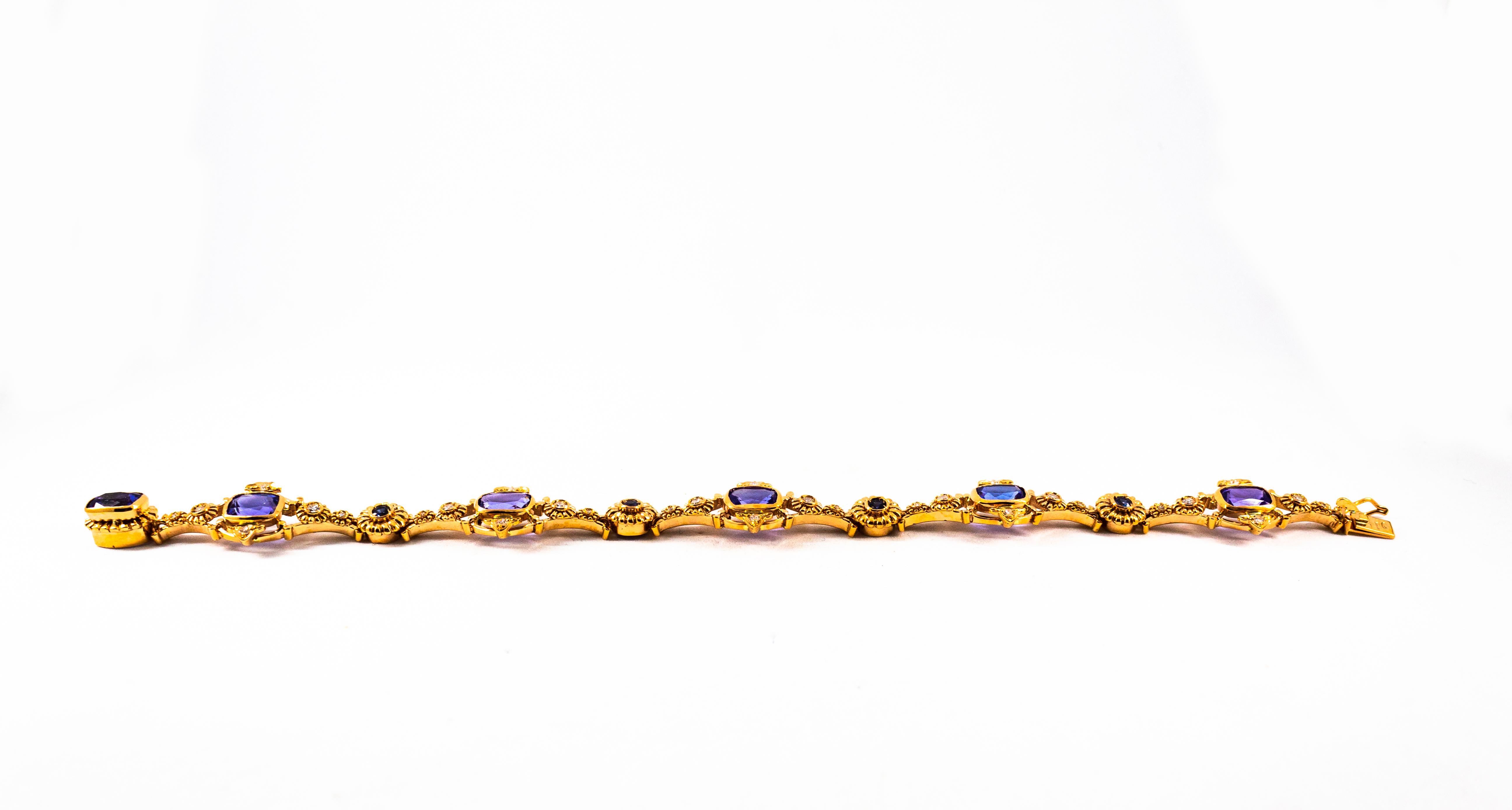 Brilliant Cut Art Deco Style White Diamond Blue Sapphire Tanzanite Yellow Gold Bracelet For Sale