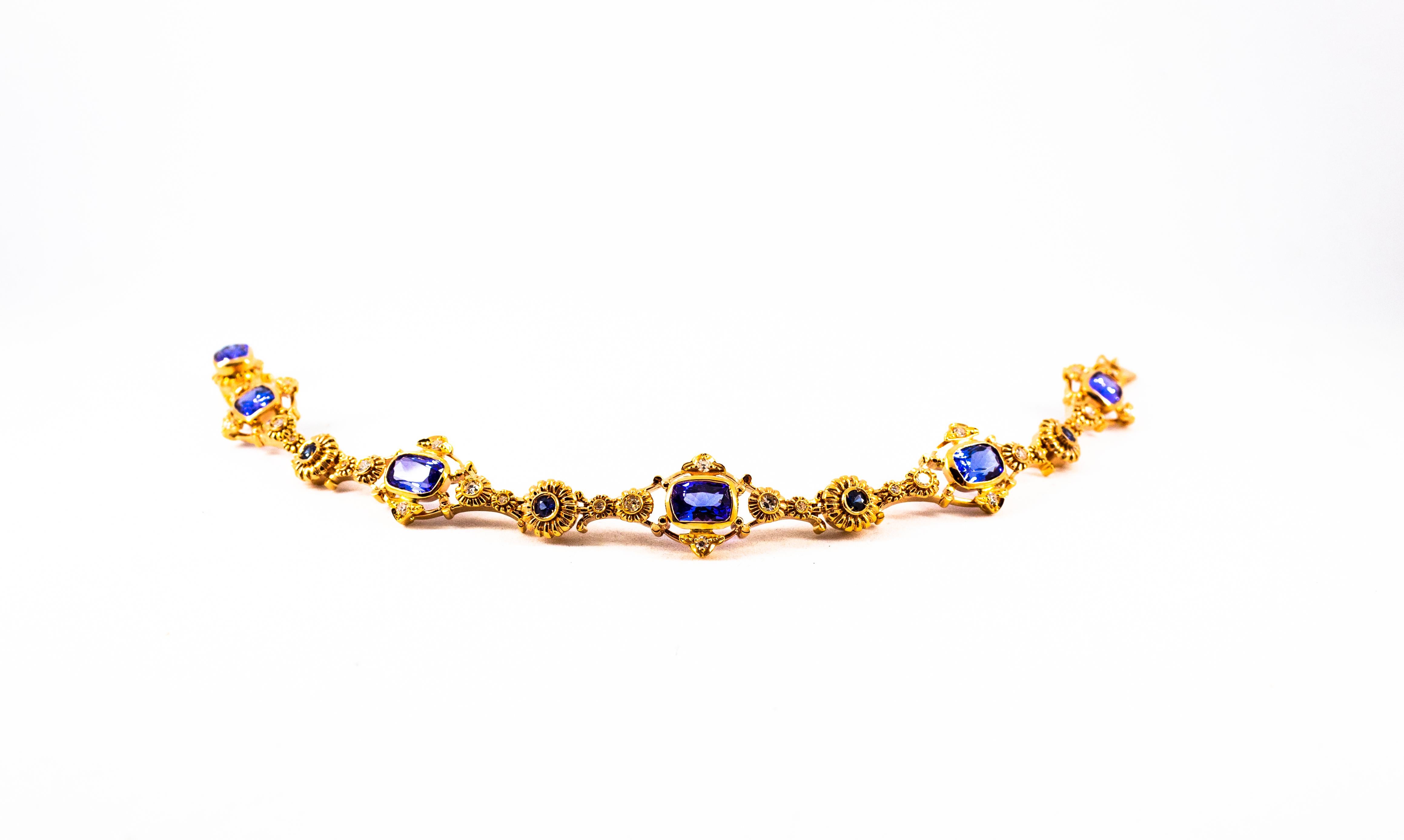 Art Deco Style White Diamond Blue Sapphire Tanzanite Yellow Gold Bracelet In New Condition For Sale In Naples, IT