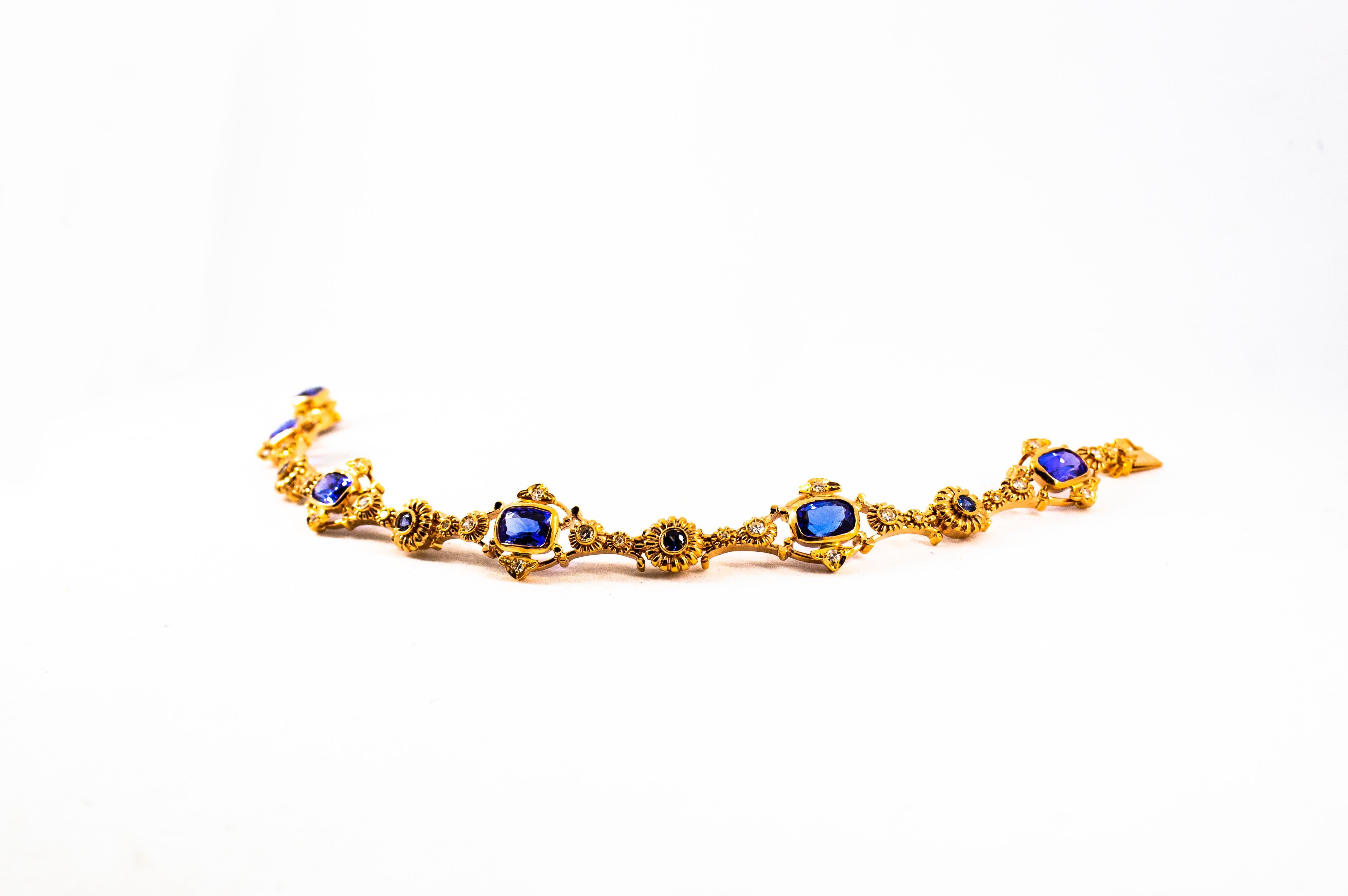 Women's or Men's Art Deco Style White Diamond Blue Sapphire Tanzanite Yellow Gold Bracelet