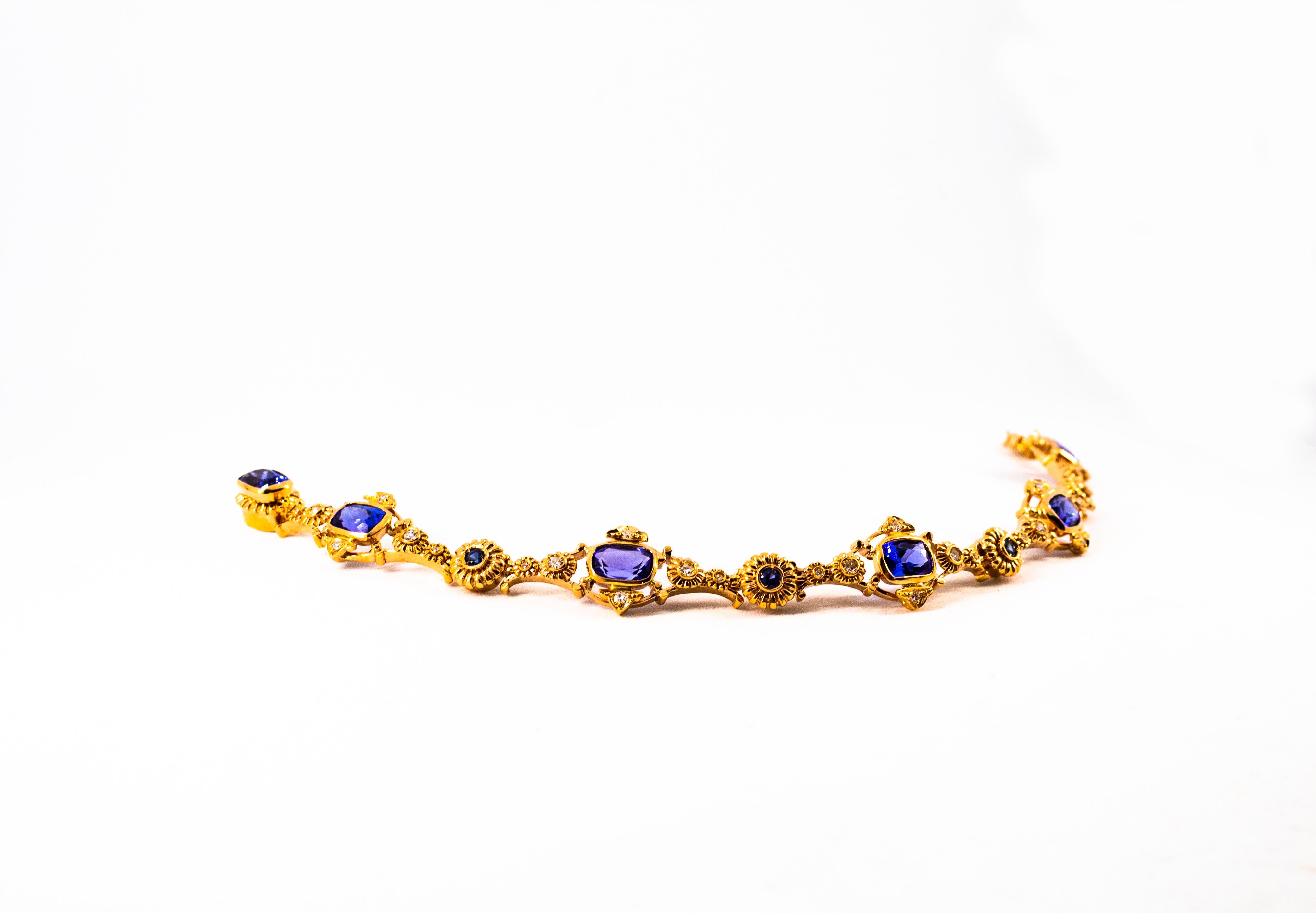 Gelbgold-Armband im Art-déco-Stil mit weißem Diamanten, blauem Saphir und Tansanit für Damen oder Herren im Angebot