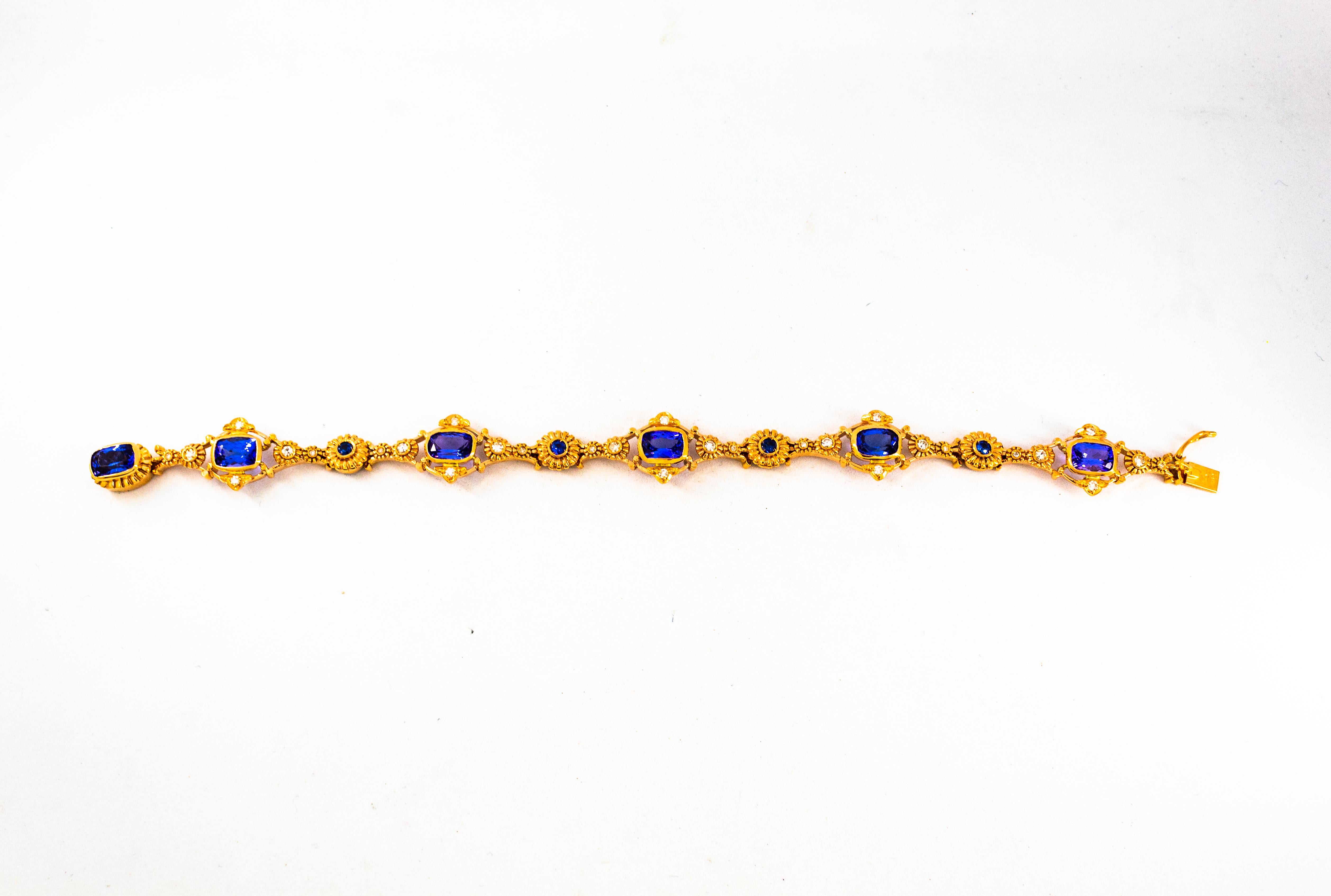 Art Deco Style White Diamond Blue Sapphire Tanzanite Yellow Gold Bracelet 2