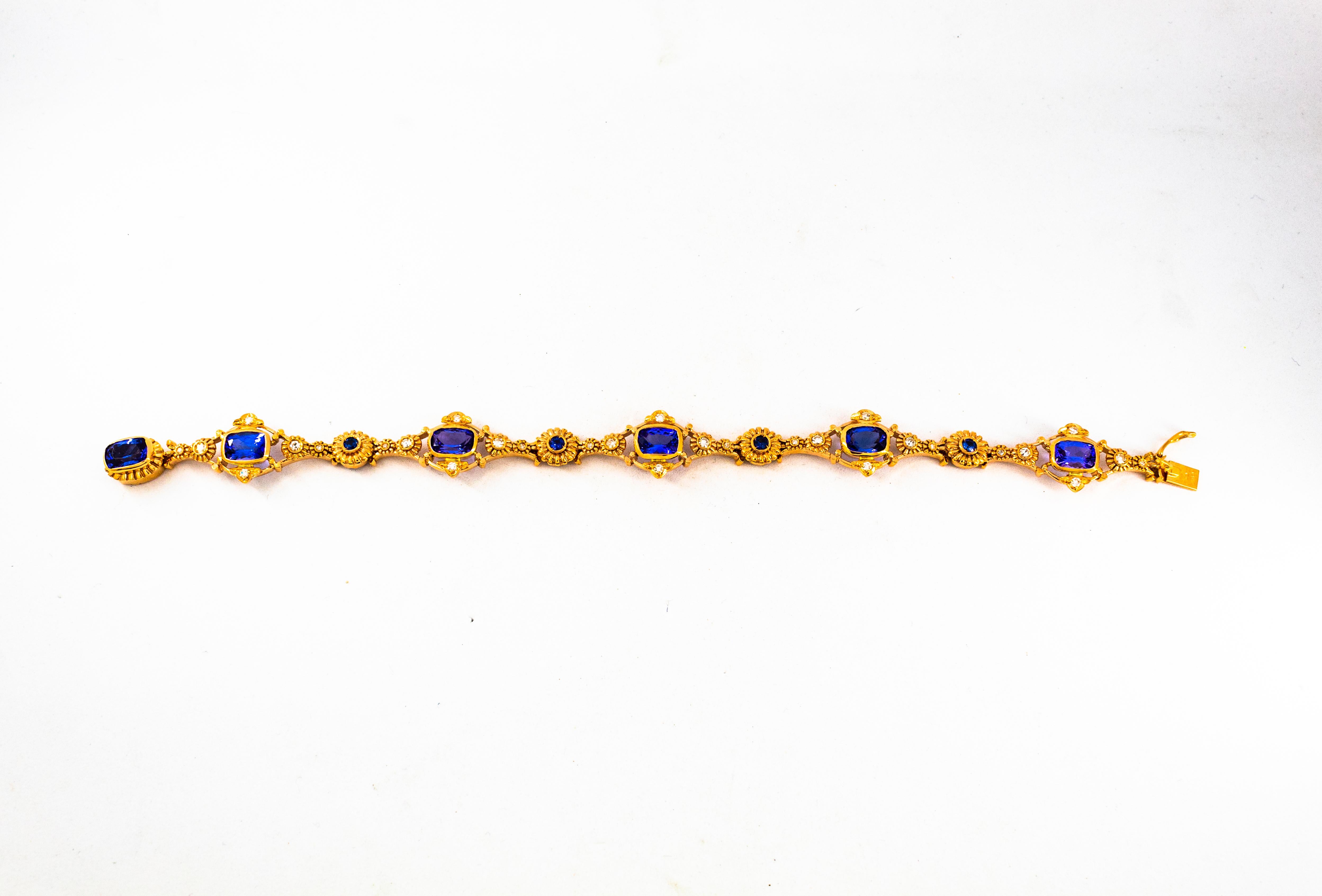 Art Deco Style White Diamond Blue Sapphire Tanzanite Yellow Gold Bracelet For Sale 3