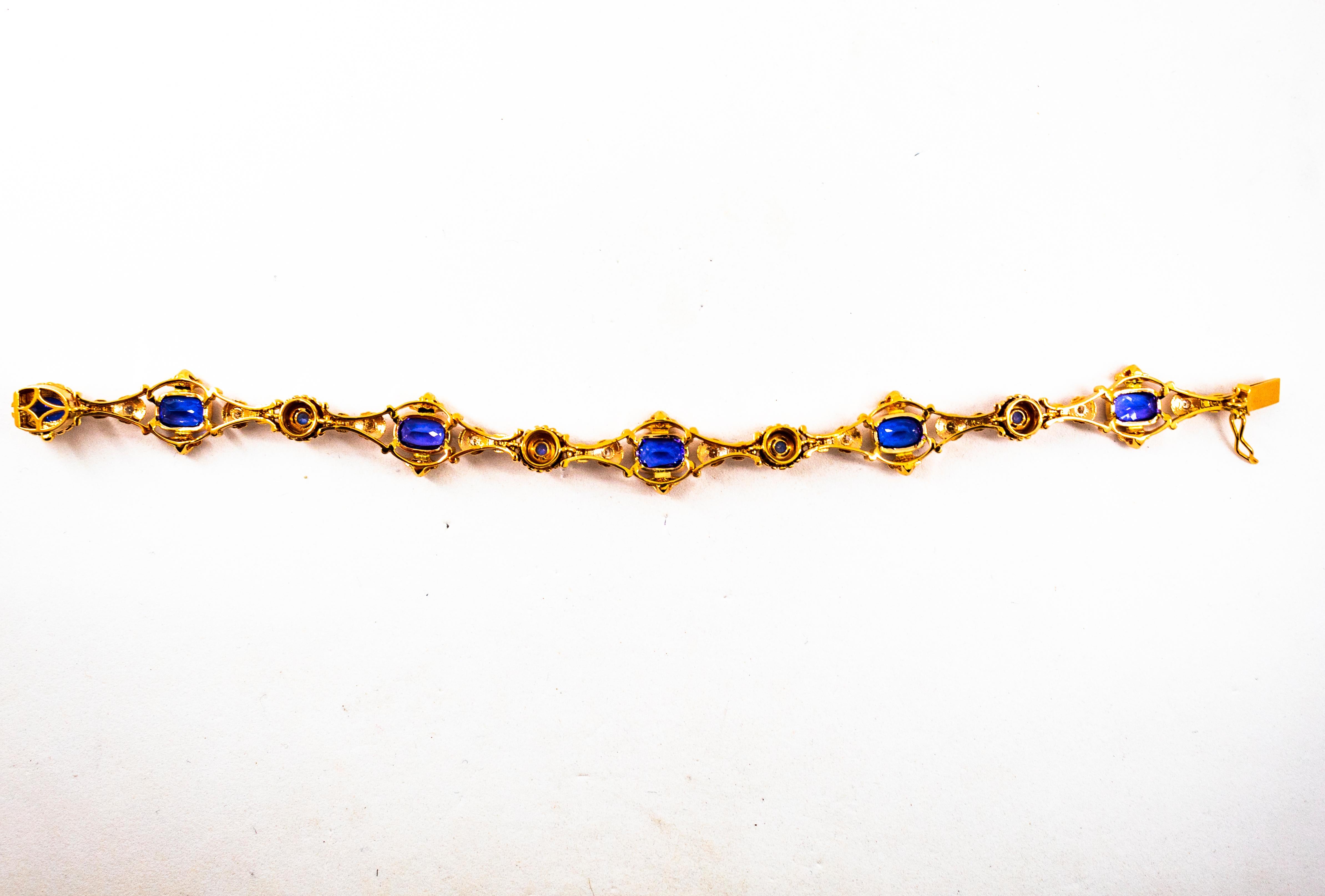 Art Deco Style White Diamond Blue Sapphire Tanzanite Yellow Gold Bracelet For Sale 4