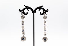 Art Deco Style White Diamond Blue Sapphire White Gold Lever-Back Earrings