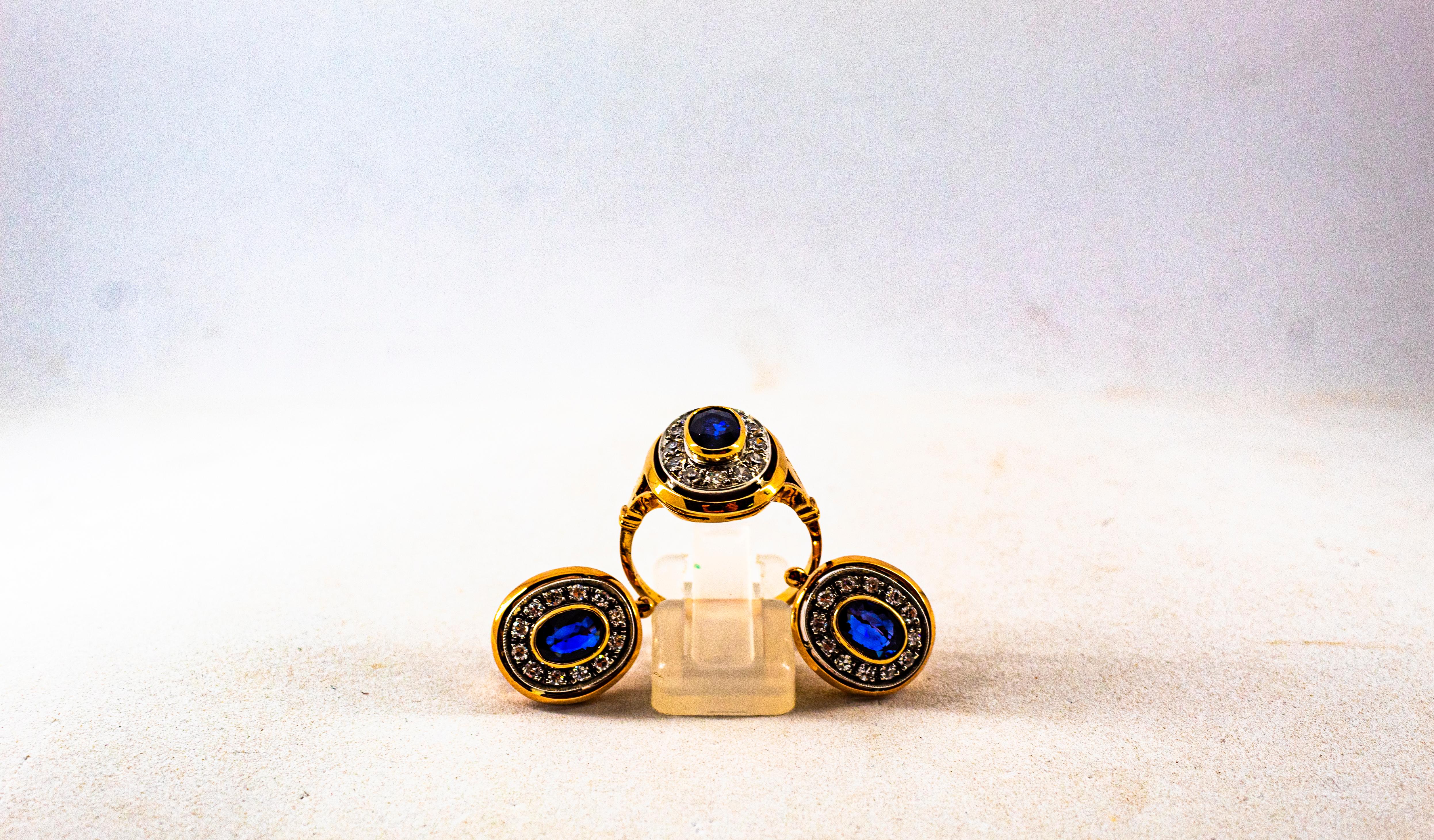 Boucles d'oreilles à levier de style Art déco en or jaune, diamant blanc, saphir bleu en vente 5