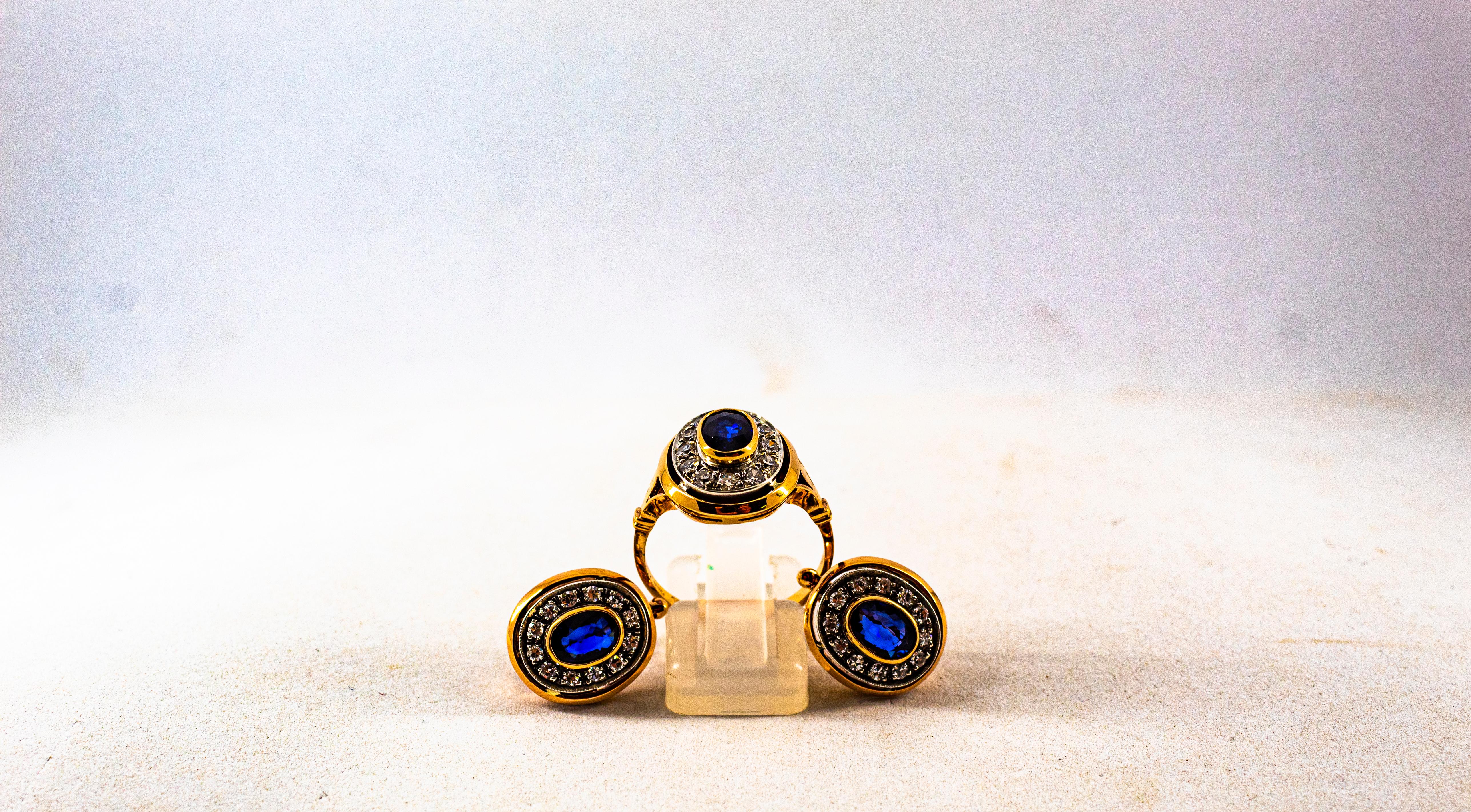 Boucles d'oreilles à levier de style Art déco en or jaune, diamant blanc, saphir bleu en vente 6