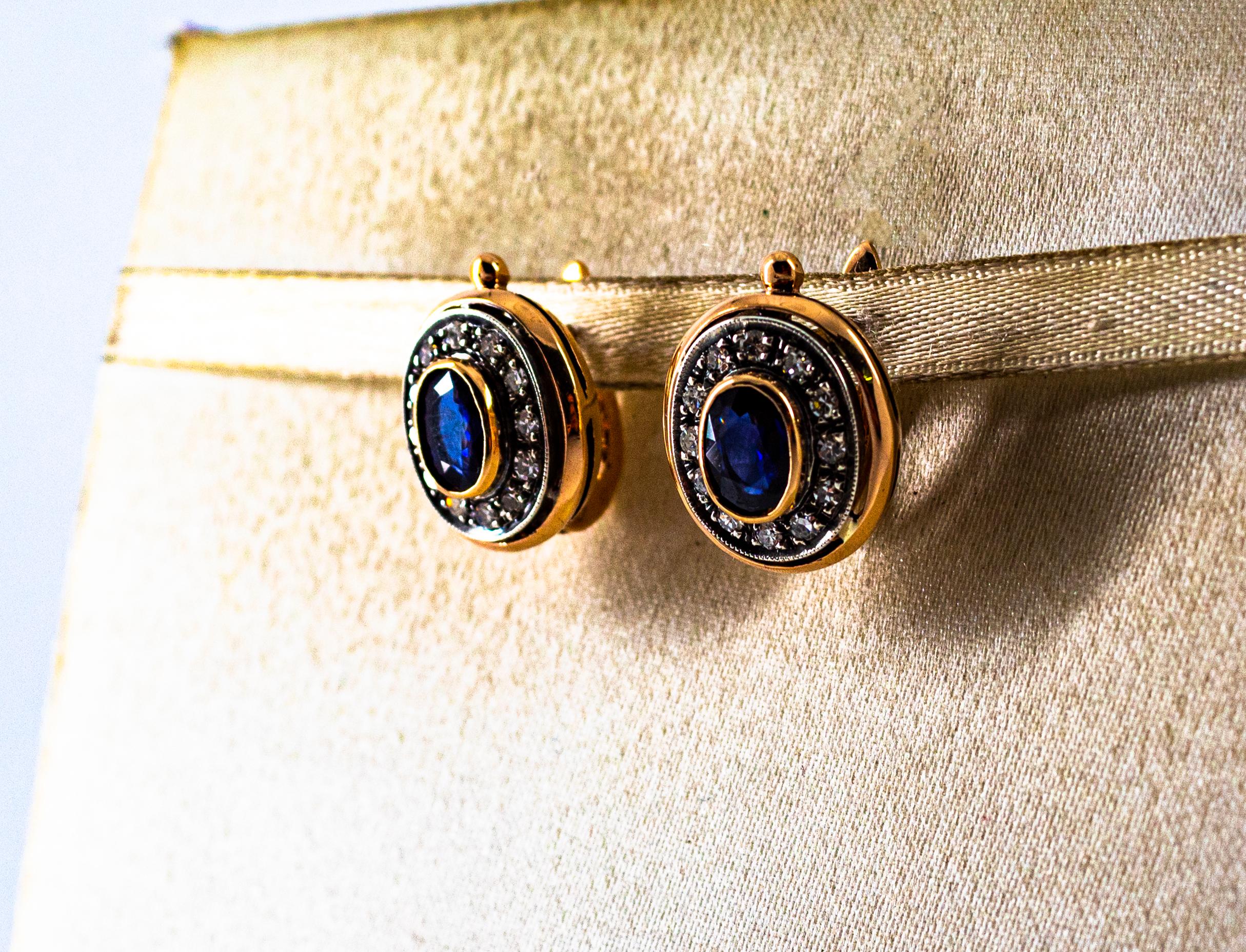 Taille brillant Boucles d'oreilles à levier de style Art déco en or jaune, diamant blanc, saphir bleu en vente