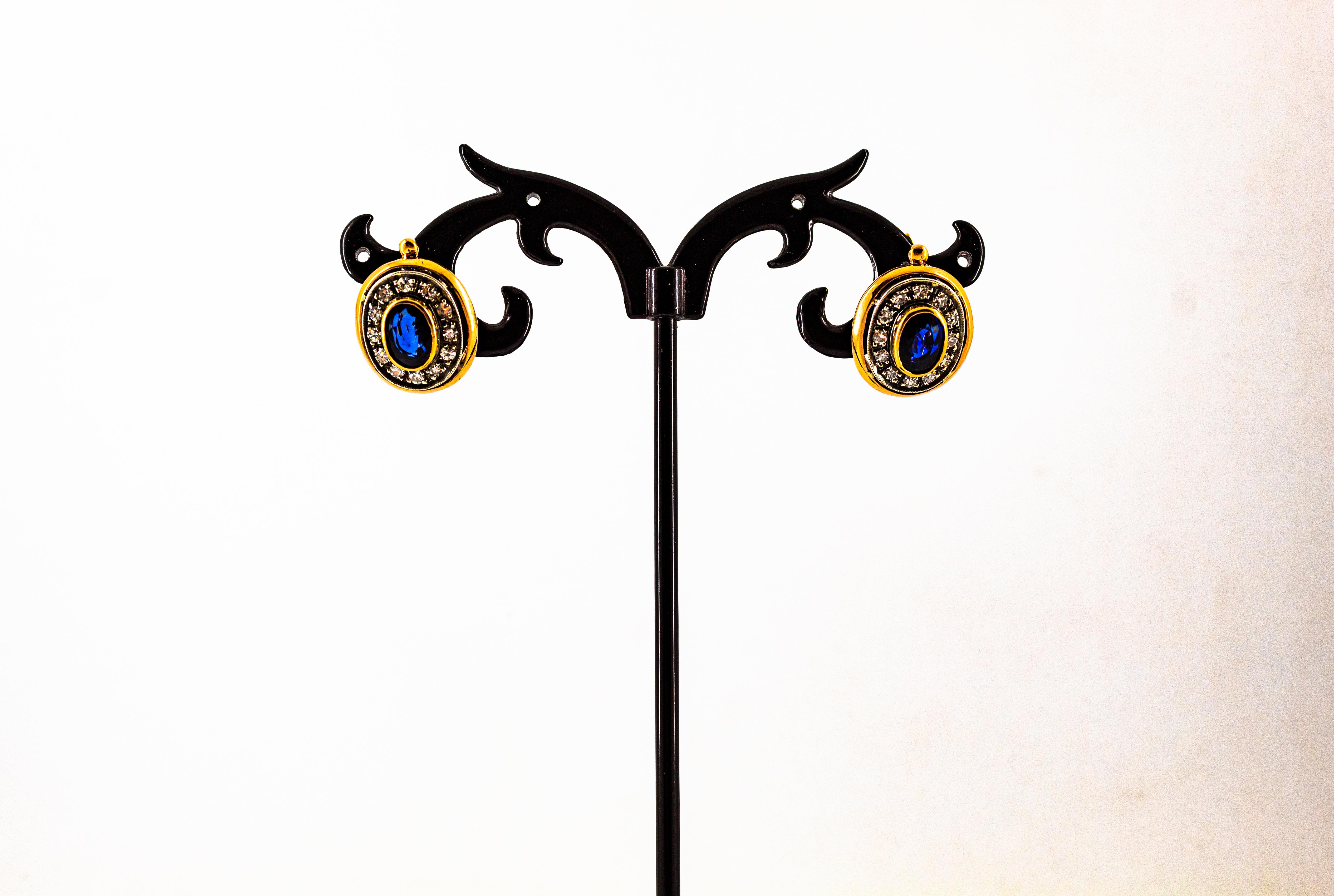 Boucles d'oreilles à levier de style Art déco en or jaune, diamant blanc, saphir bleu Neuf - En vente à Naples, IT