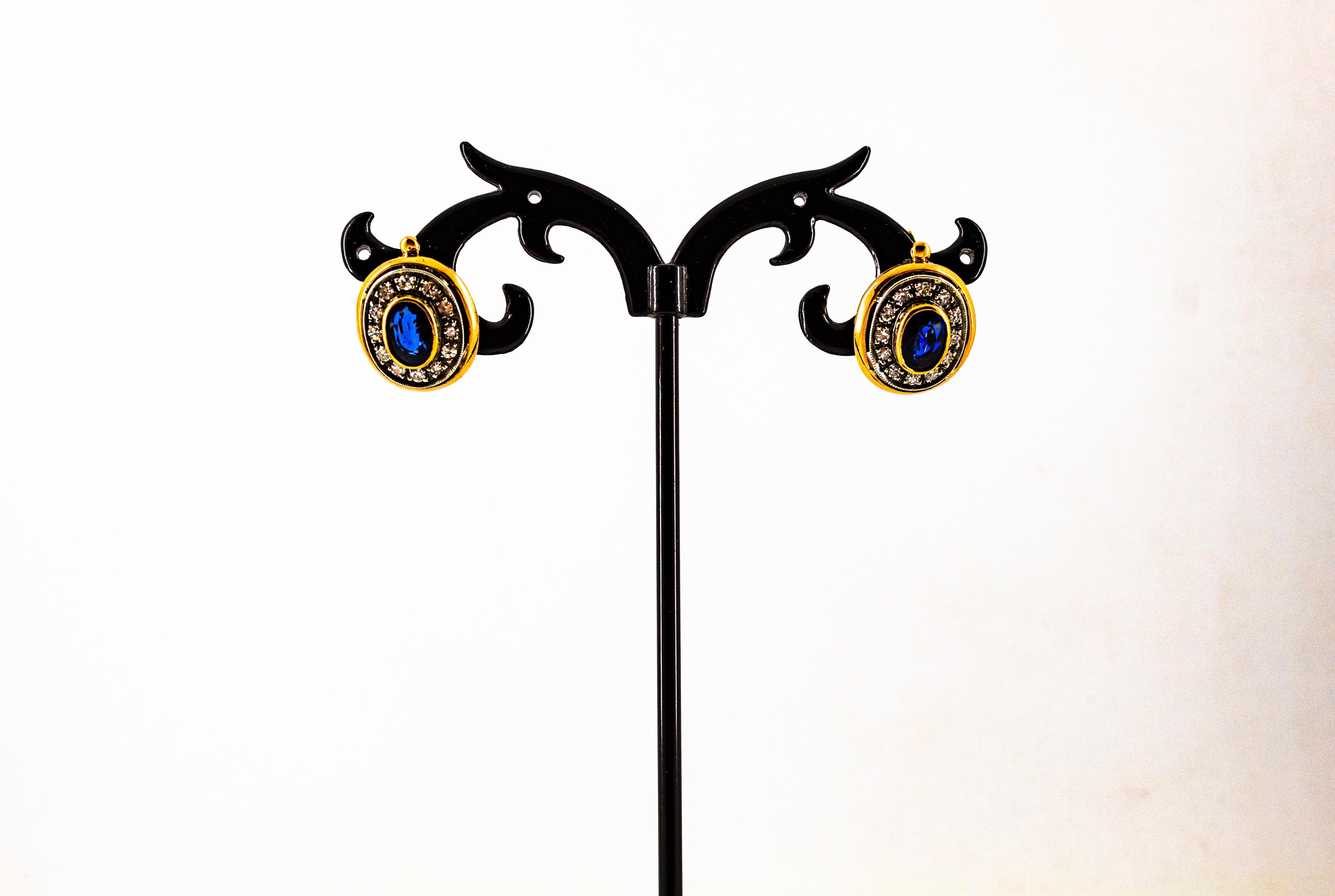 Women's or Men's Art Deco Style White Diamond Blue Sapphire Yellow Gold Lever-Back Earrings For Sale