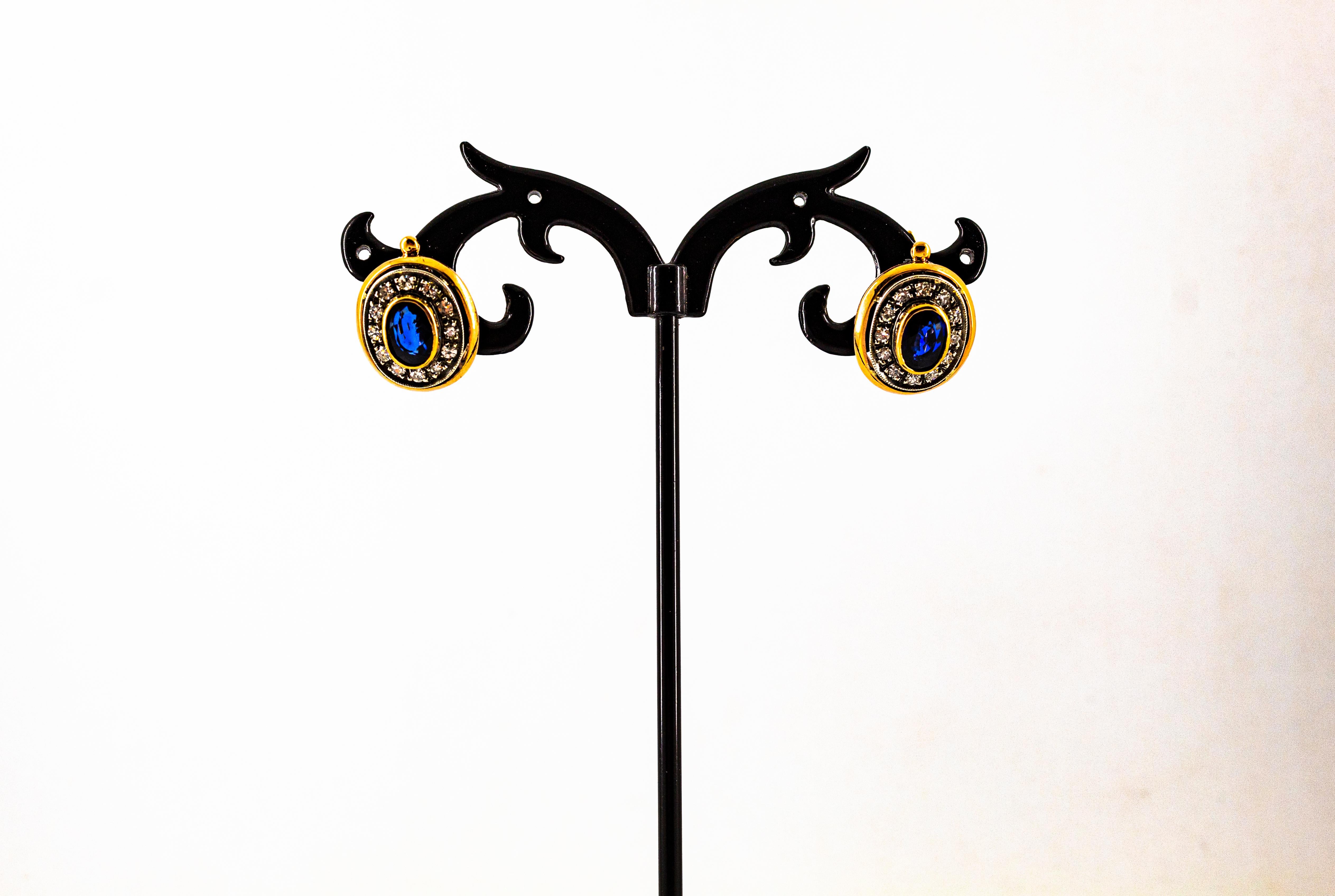 Boucles d'oreilles à levier de style Art déco en or jaune, diamant blanc, saphir bleu Unisexe en vente