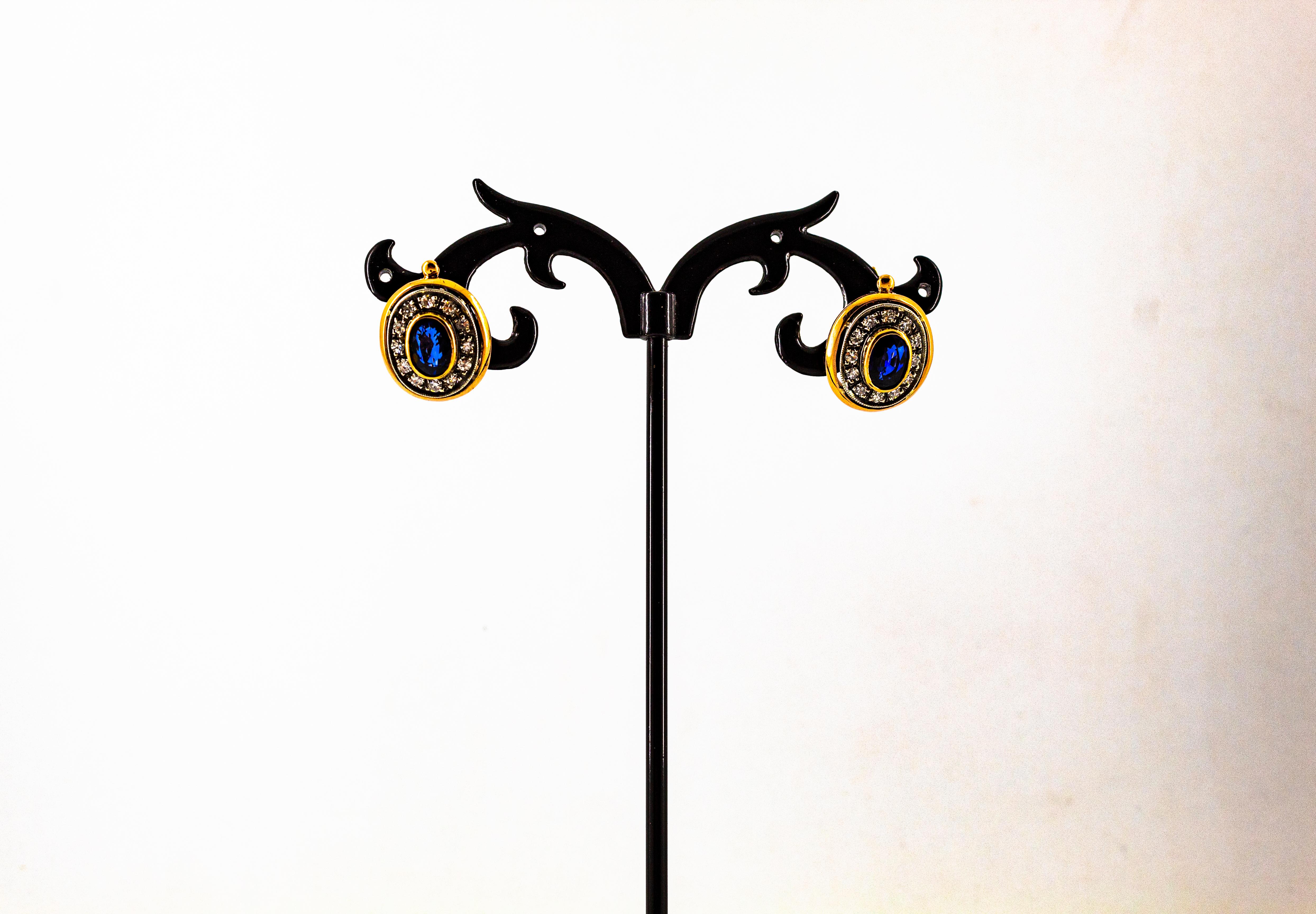 Boucles d'oreilles à levier de style Art déco en or jaune, diamant blanc, saphir bleu en vente 1