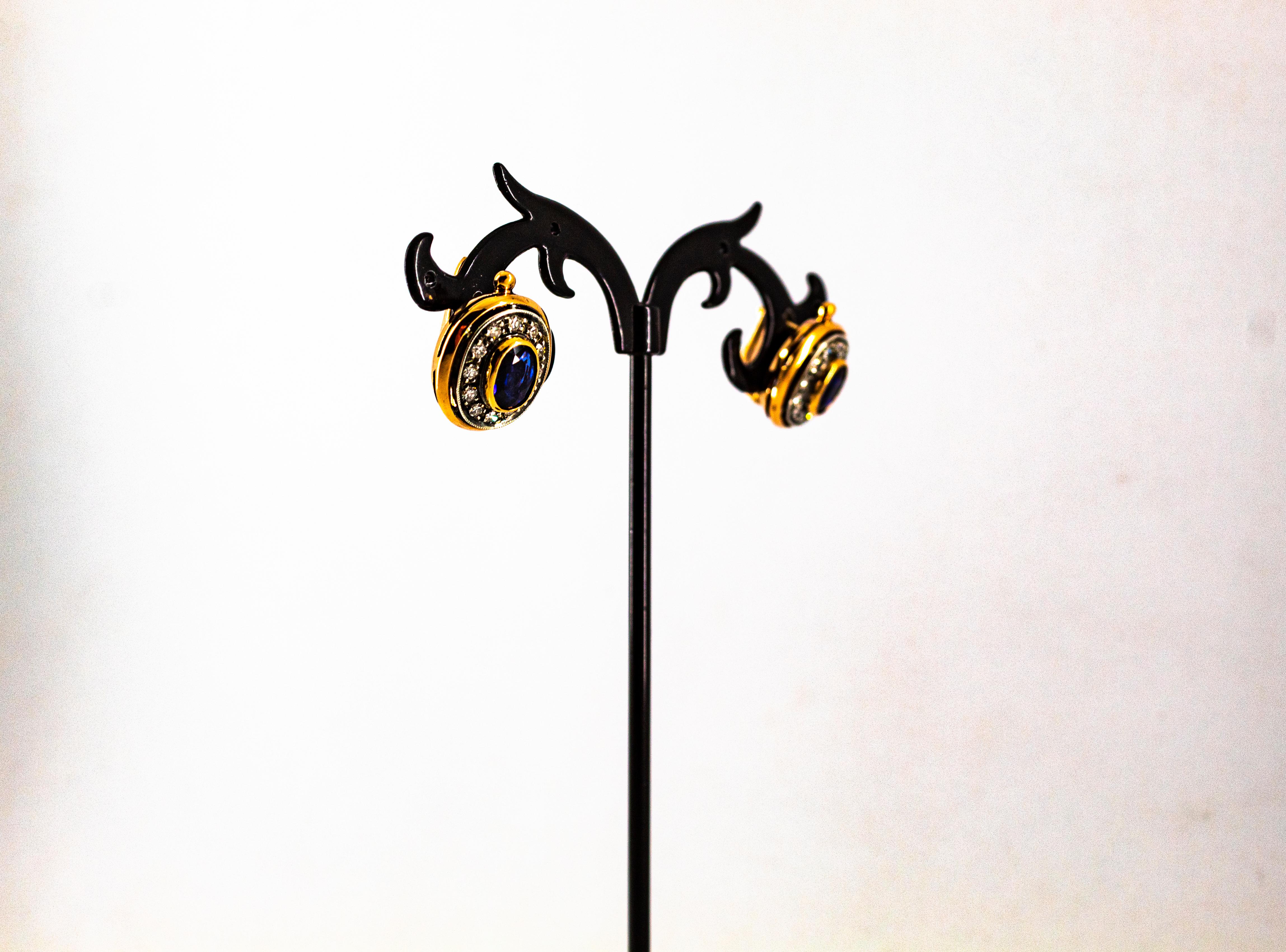 Boucles d'oreilles à levier de style Art déco en or jaune, diamant blanc, saphir bleu en vente 2