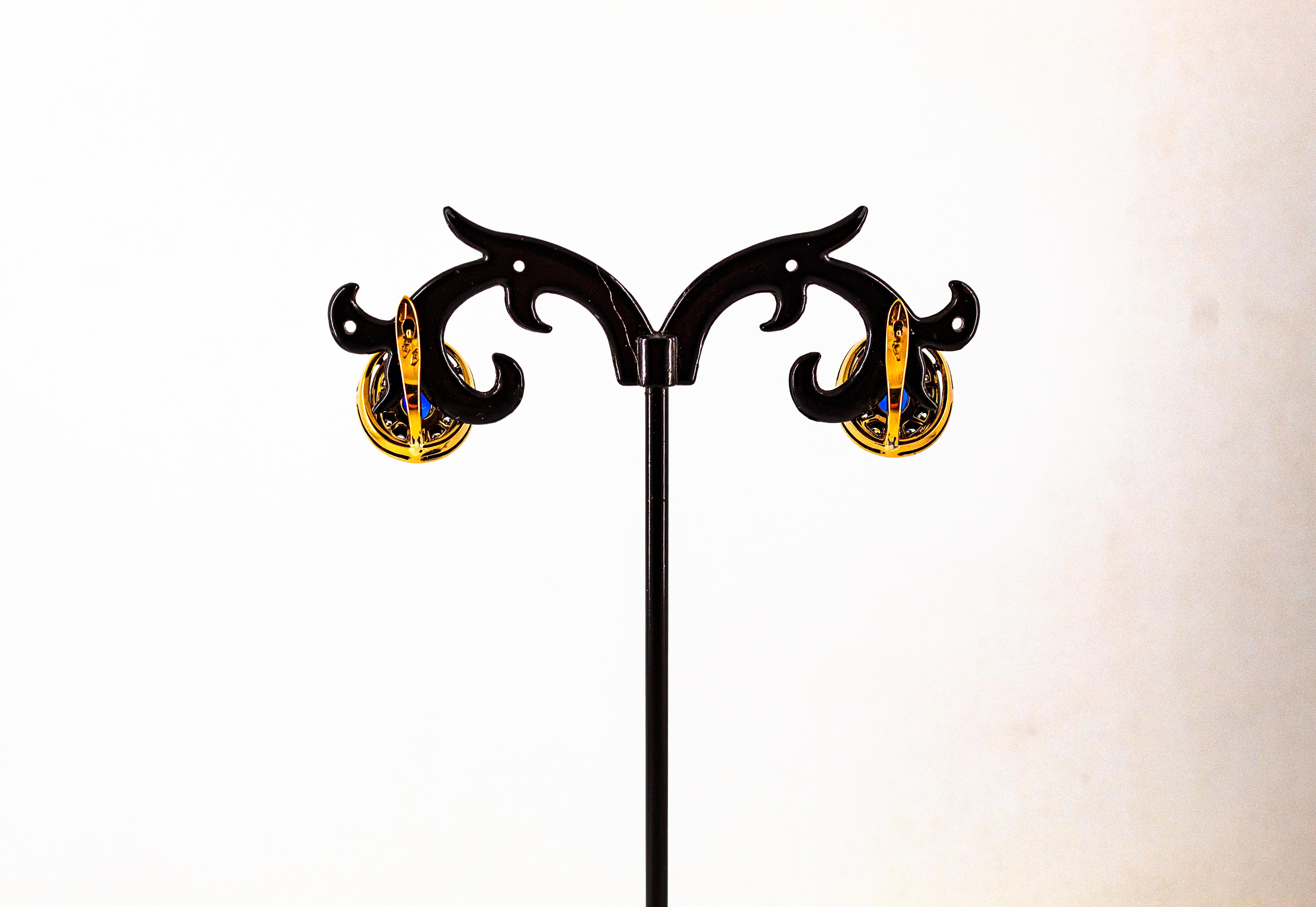 Boucles d'oreilles à levier de style Art déco en or jaune, diamant blanc, saphir bleu en vente 3