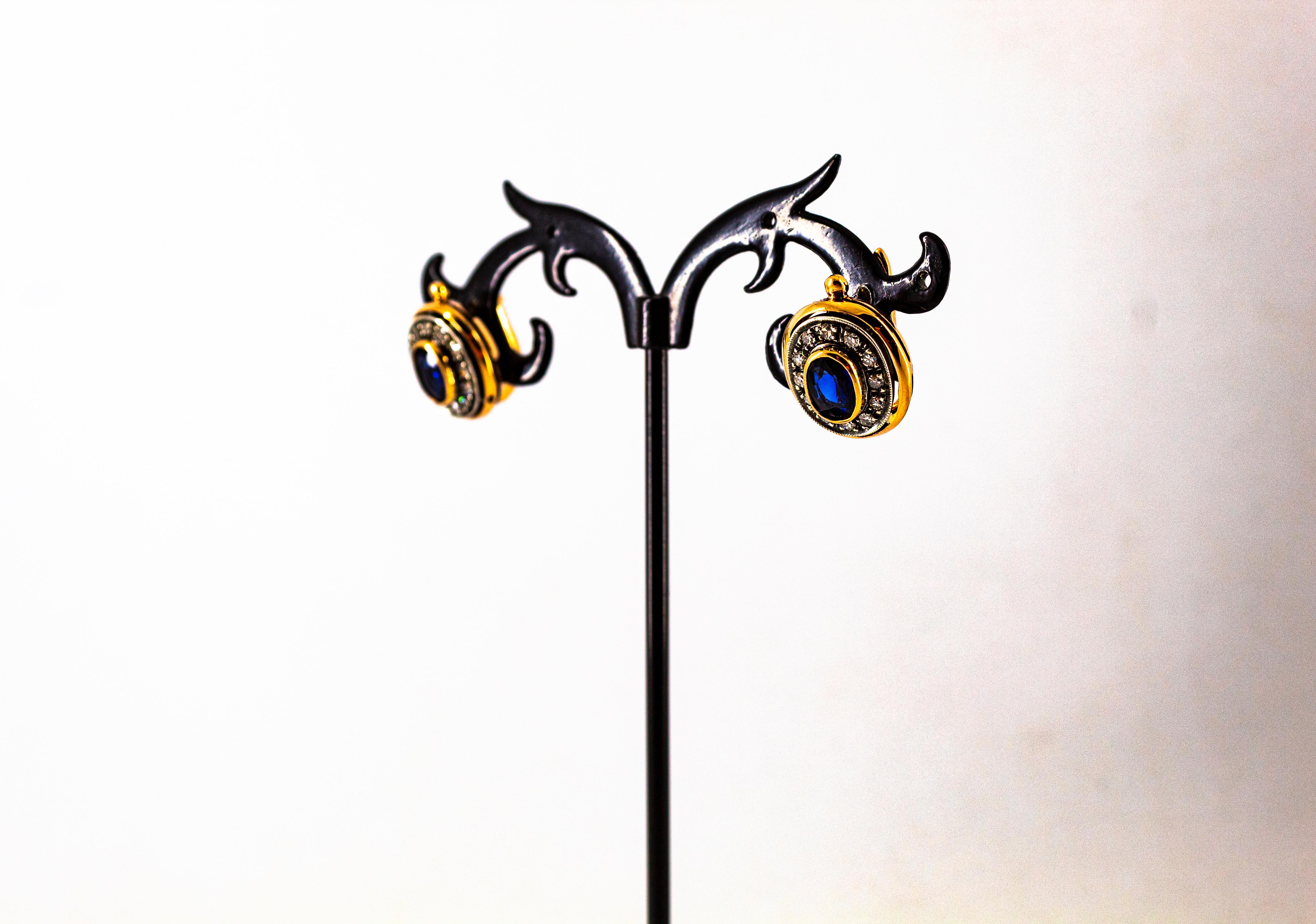 Ohrringe im Art-Déco-Stil mit Klappbrisur, weißer Diamant, blauer Saphir und Gelbgold im Angebot 3