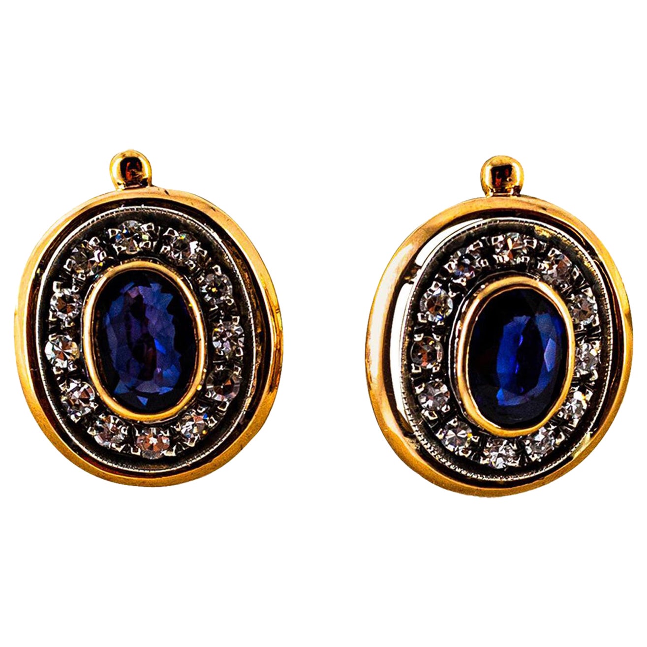 Ohrringe im Art-Déco-Stil mit Klappbrisur, weißer Diamant, blauer Saphir und Gelbgold