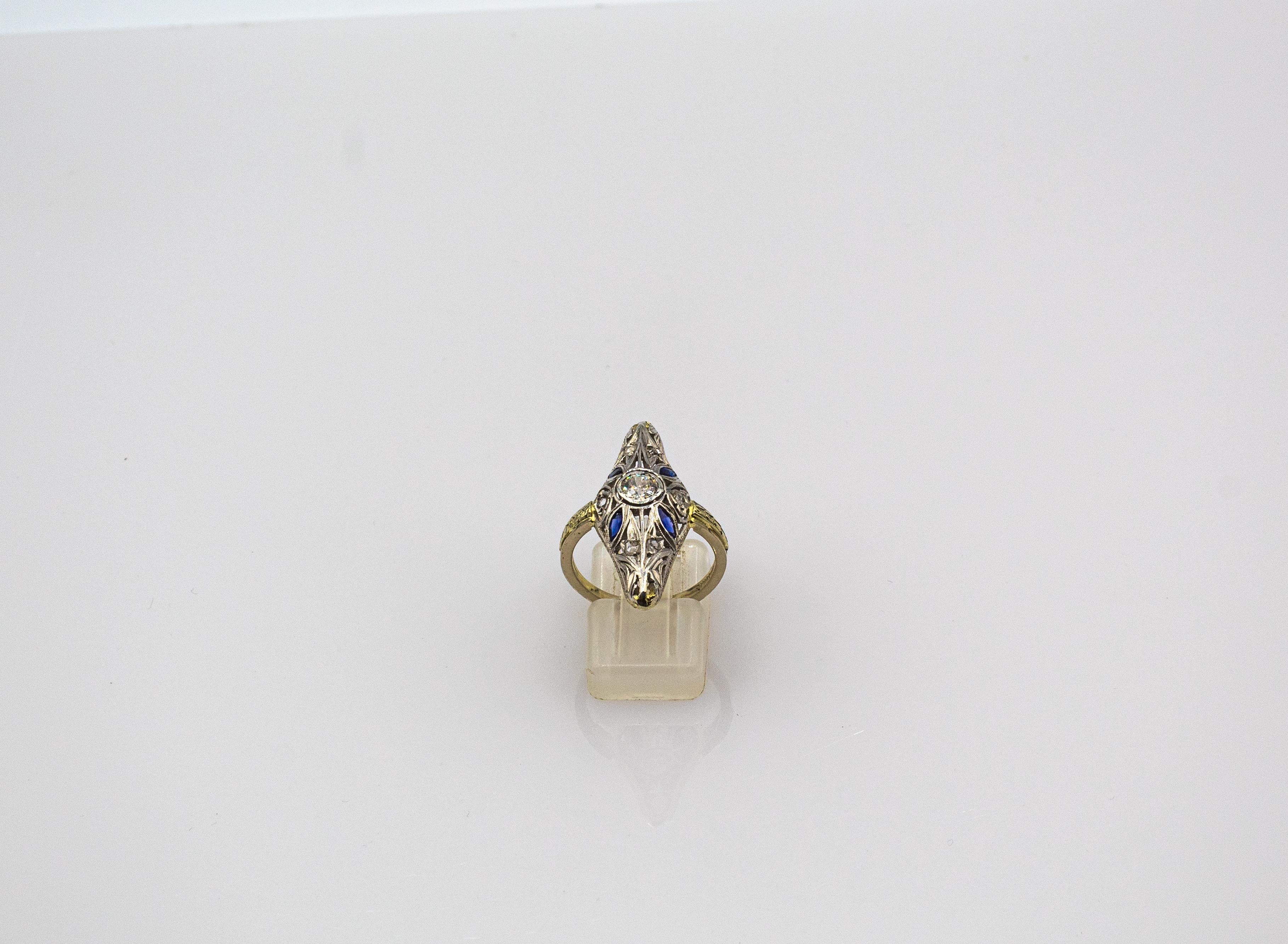 Old European Cut Art Deco Style White Diamond Blue Sapphire Yellow White Gold Cocktail Ring