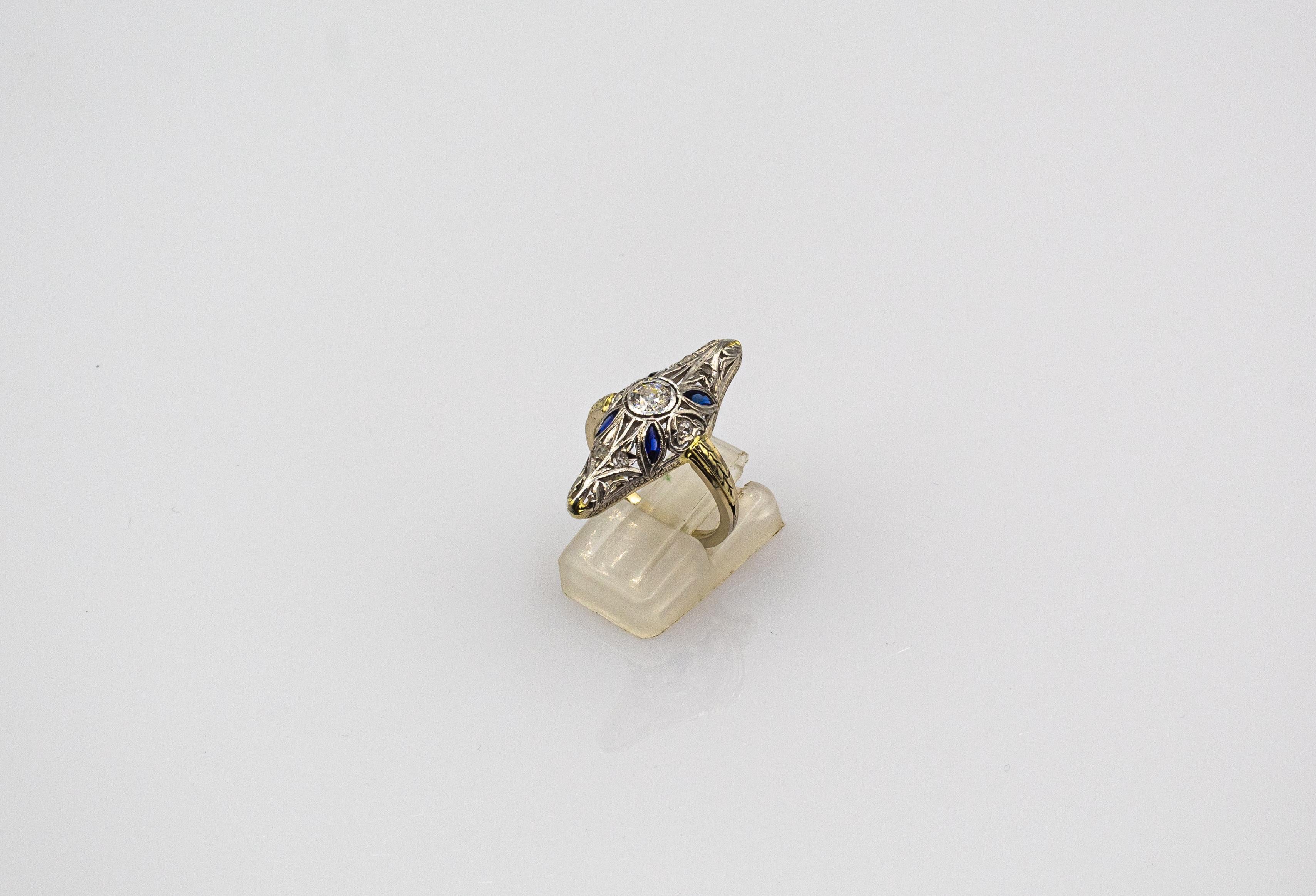Art Deco Style White Diamond Blue Sapphire Yellow White Gold Cocktail Ring In New Condition In Naples, IT