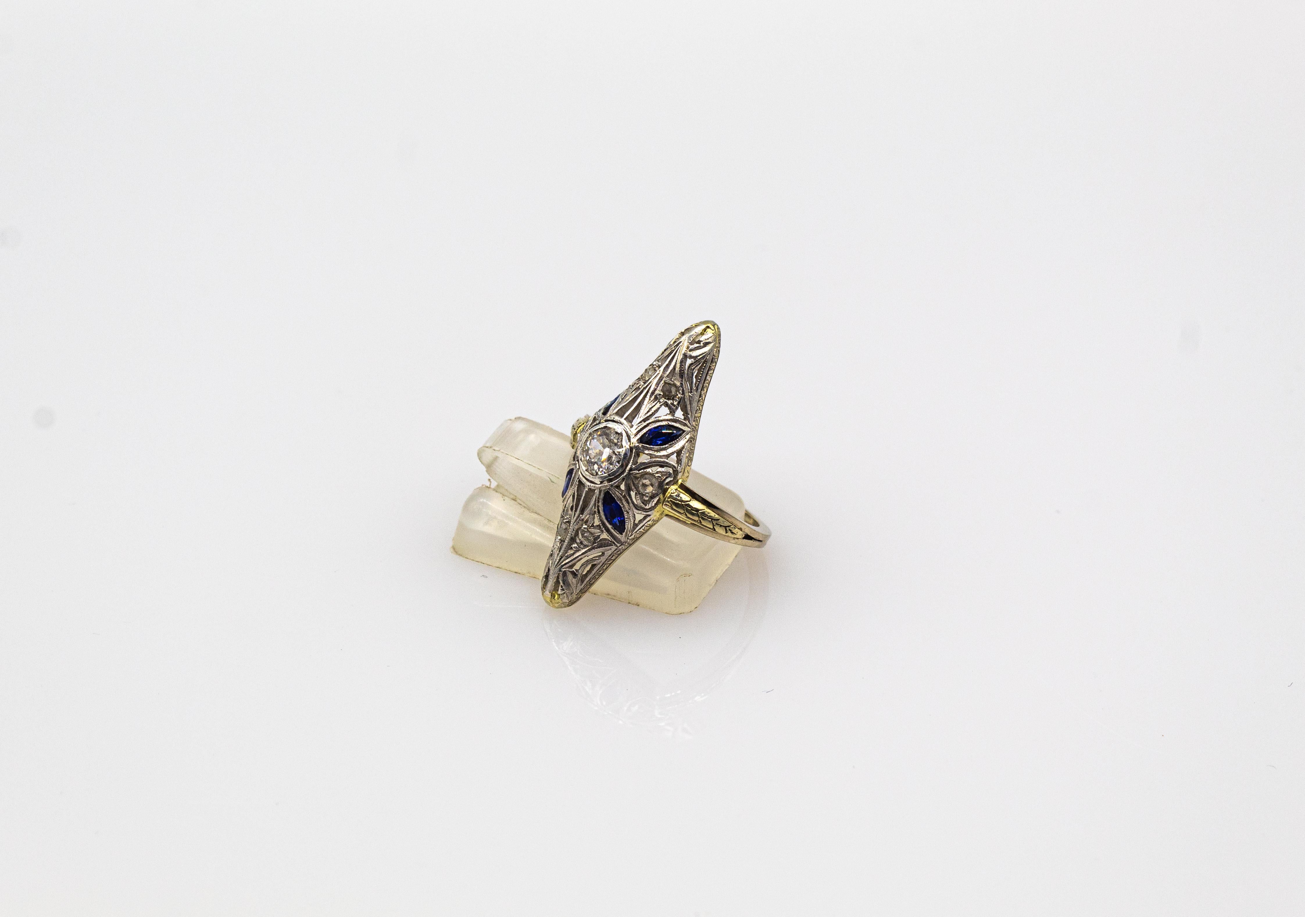 Art Deco Style White Diamond Blue Sapphire Yellow White Gold Cocktail Ring 4