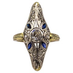 Art Deco Style White Diamond Blue Sapphire Yellow White Gold Cocktail Ring