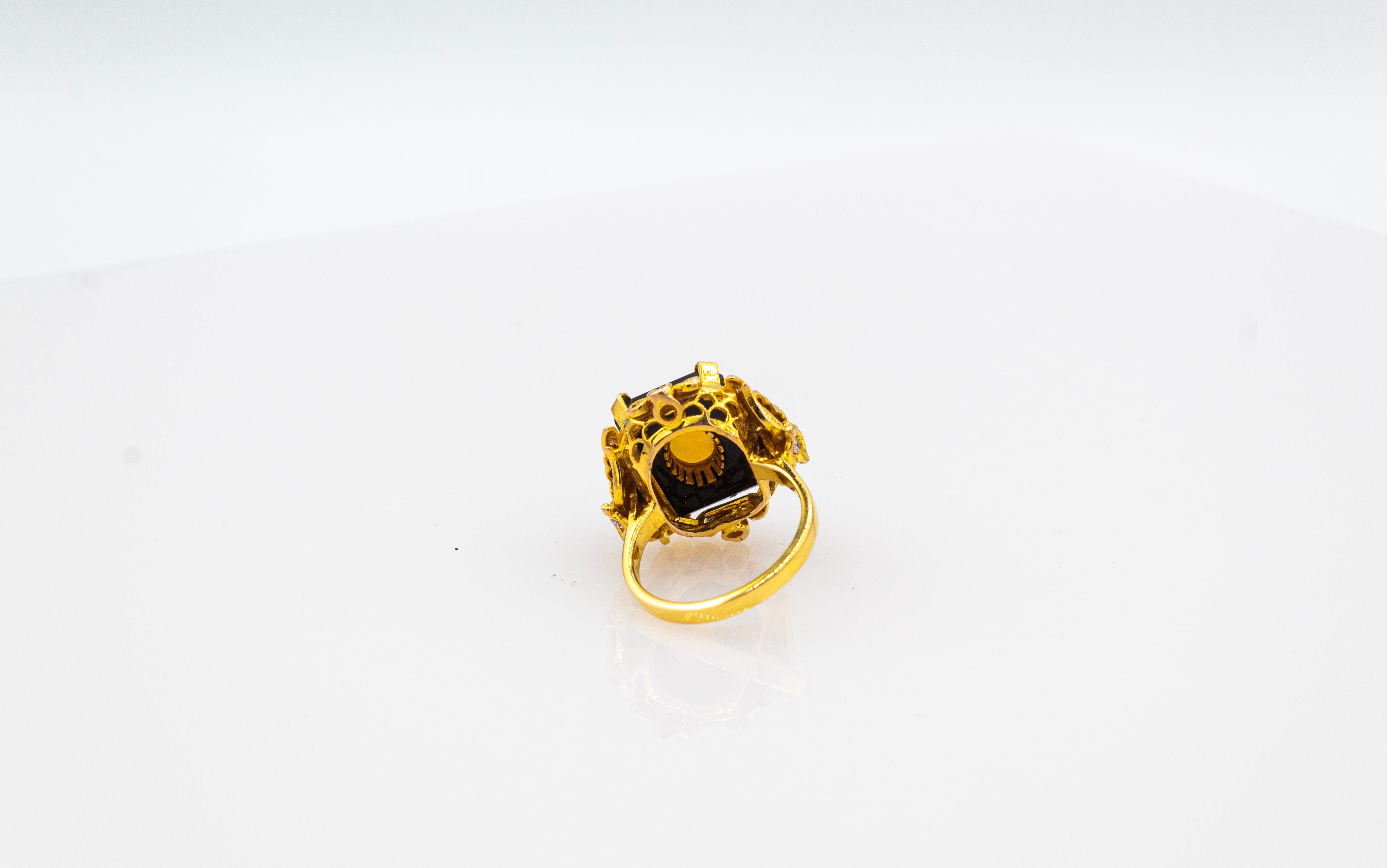 Art Deco Style White Diamond Cabochon Cut Opal Onyx Yellow Gold Cocktail Ring For Sale 6