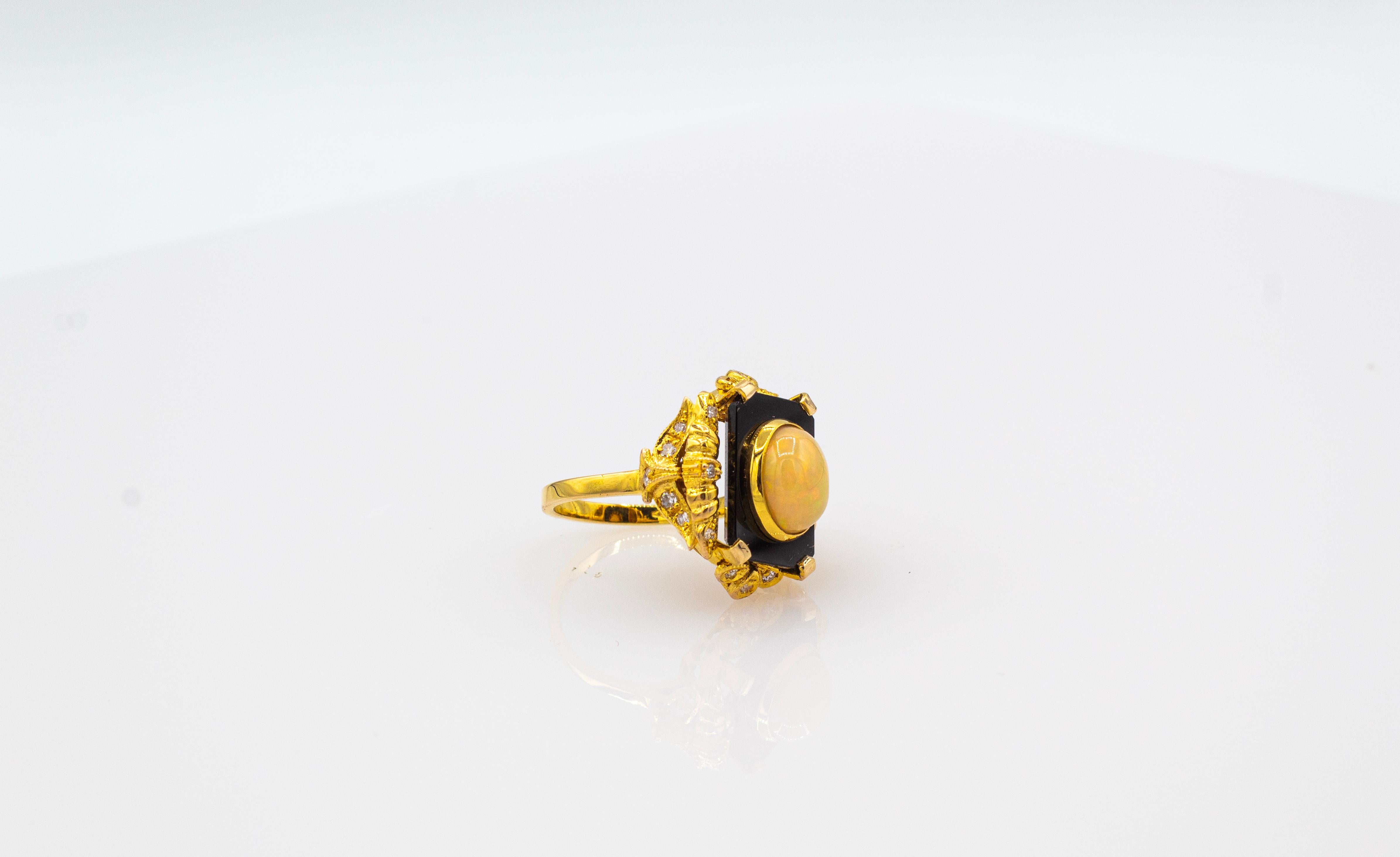 Art Deco Style White Diamond Cabochon Cut Opal Onyx Yellow Gold Cocktail Ring For Sale 7