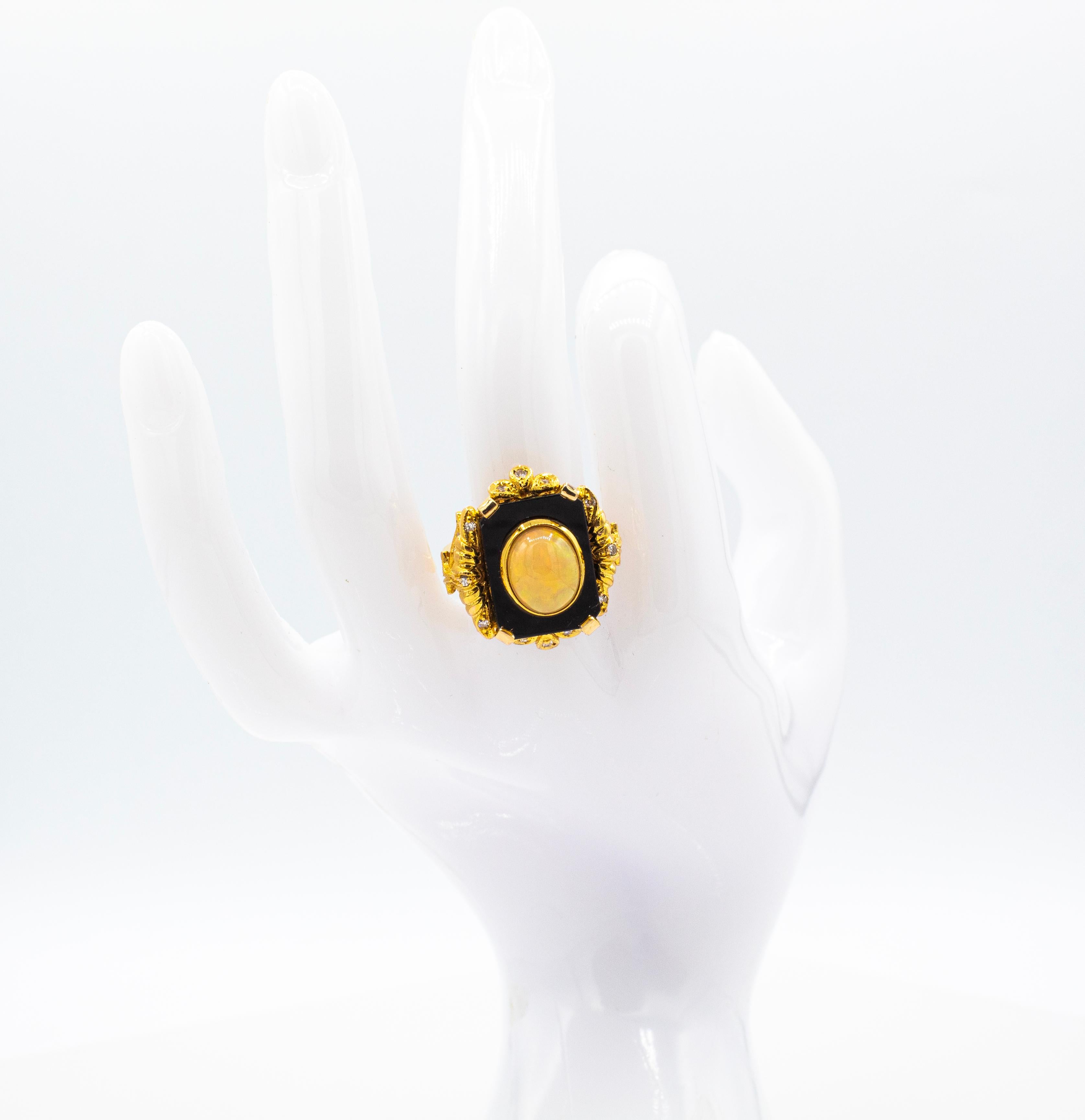 Art Deco Style White Diamond Cabochon Cut Opal Onyx Yellow Gold Cocktail Ring For Sale 8