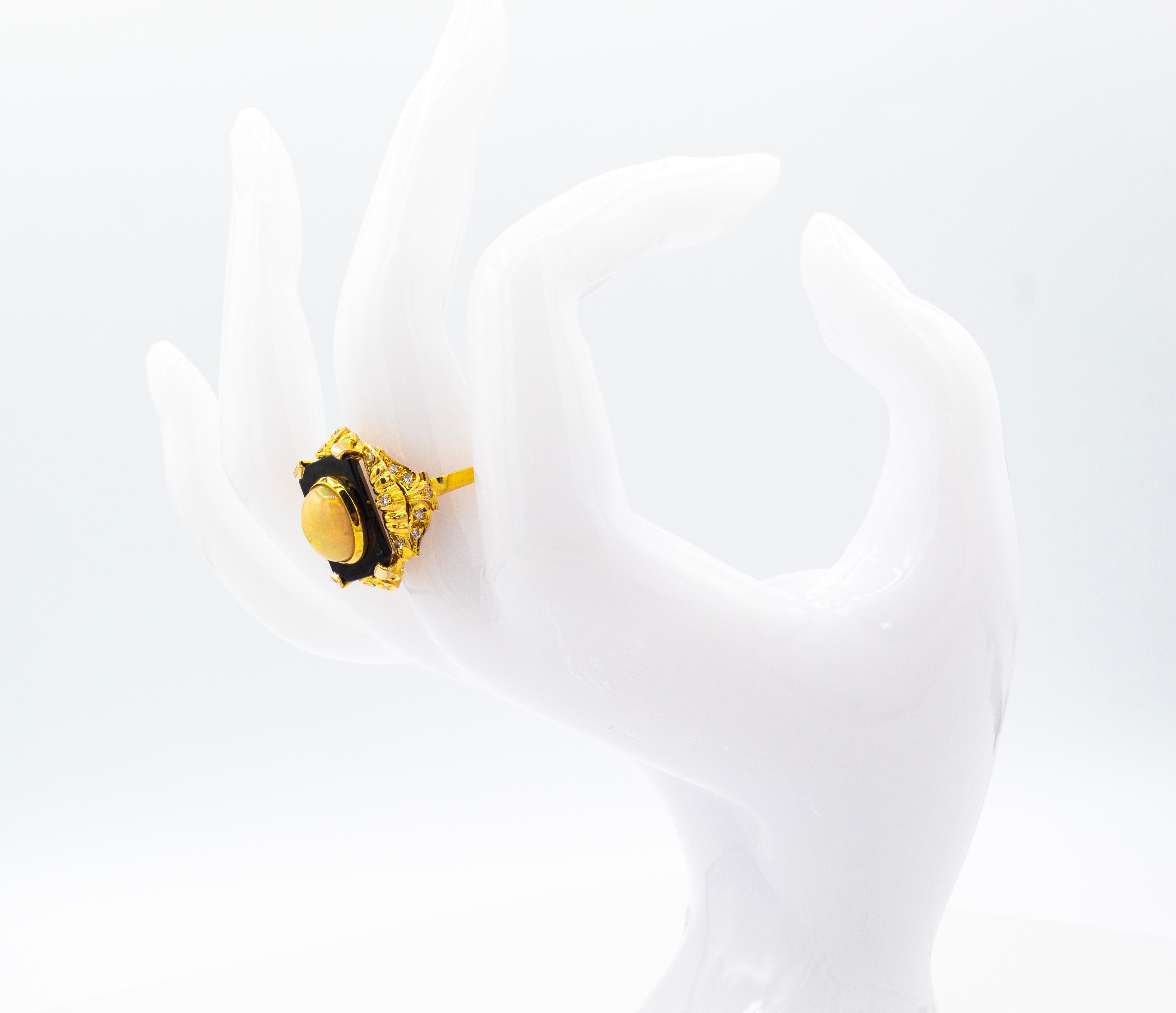 Art Deco Style White Diamond Cabochon Cut Opal Onyx Yellow Gold Cocktail Ring For Sale 9