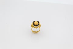 Art Deco Style White Diamond Cabochon Cut Opal Onyx Yellow Gold Cocktail Ring