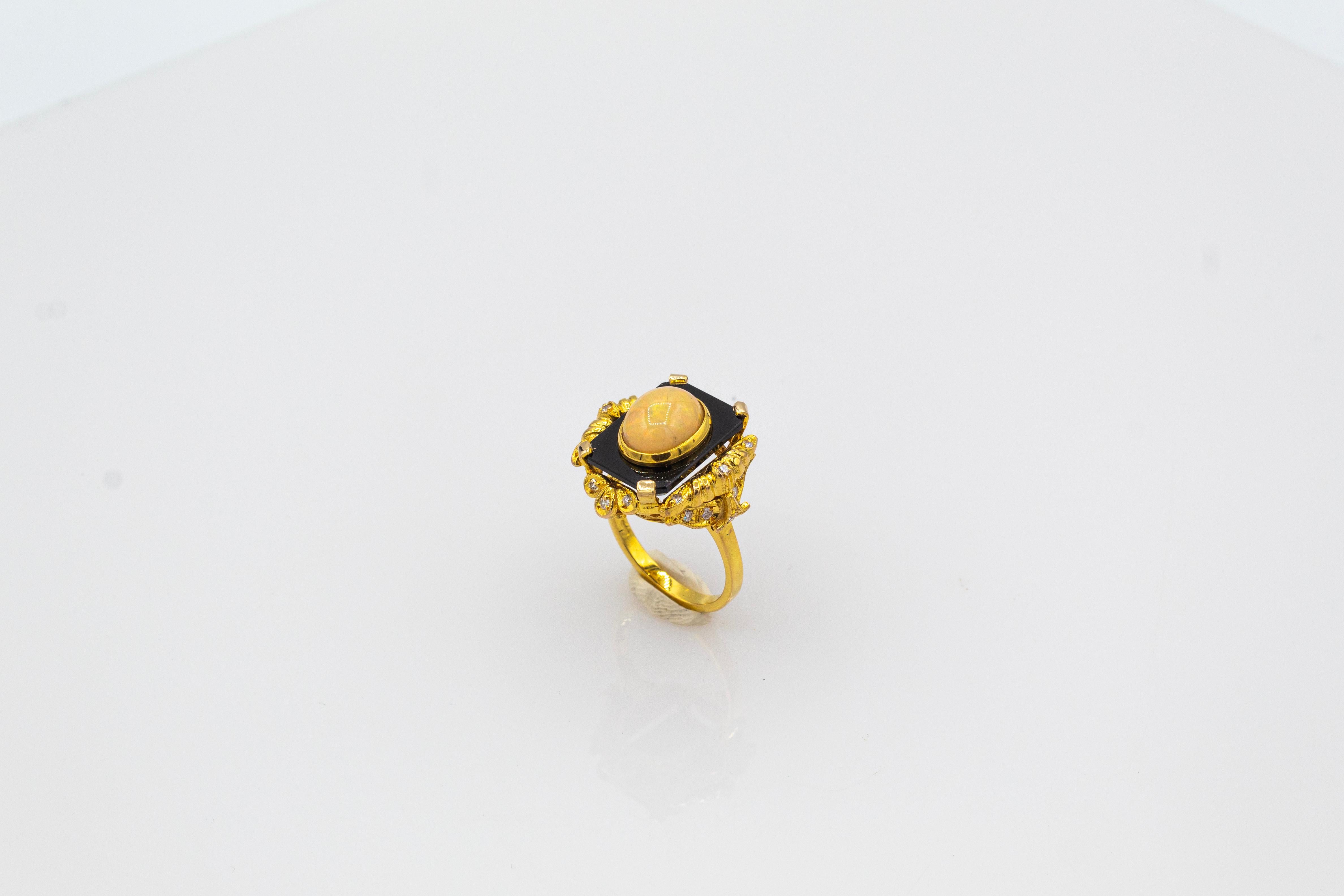 Women's or Men's Art Deco Style White Diamond Cabochon Cut Opal Onyx Yellow Gold Cocktail Ring For Sale