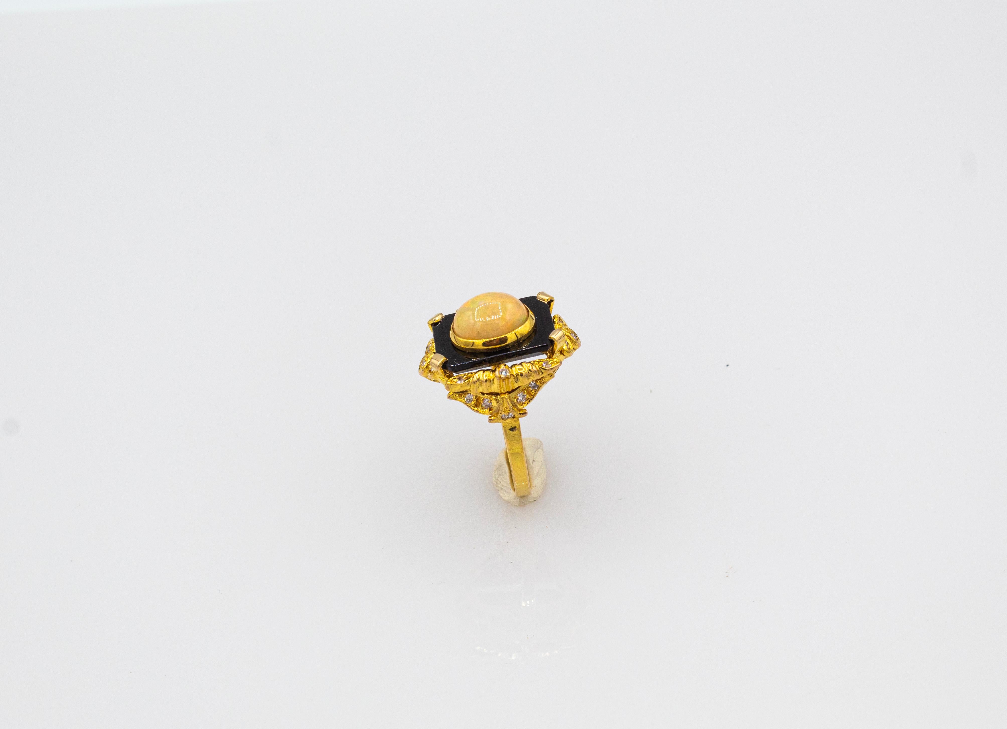 Art Deco Style White Diamond Cabochon Cut Opal Onyx Yellow Gold Cocktail Ring For Sale 1