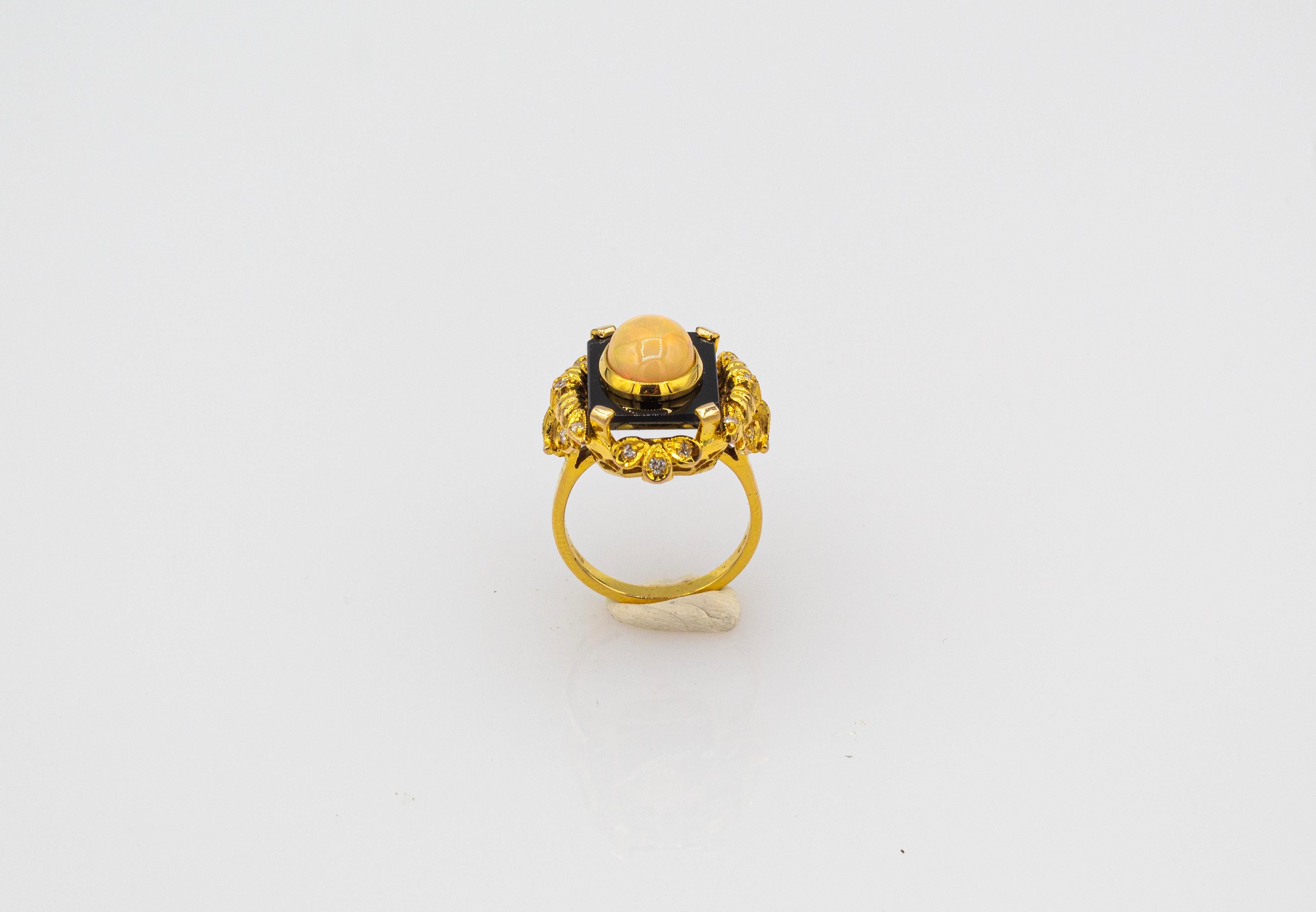 Art Deco Style White Diamond Cabochon Cut Opal Onyx Yellow Gold Cocktail Ring For Sale 2