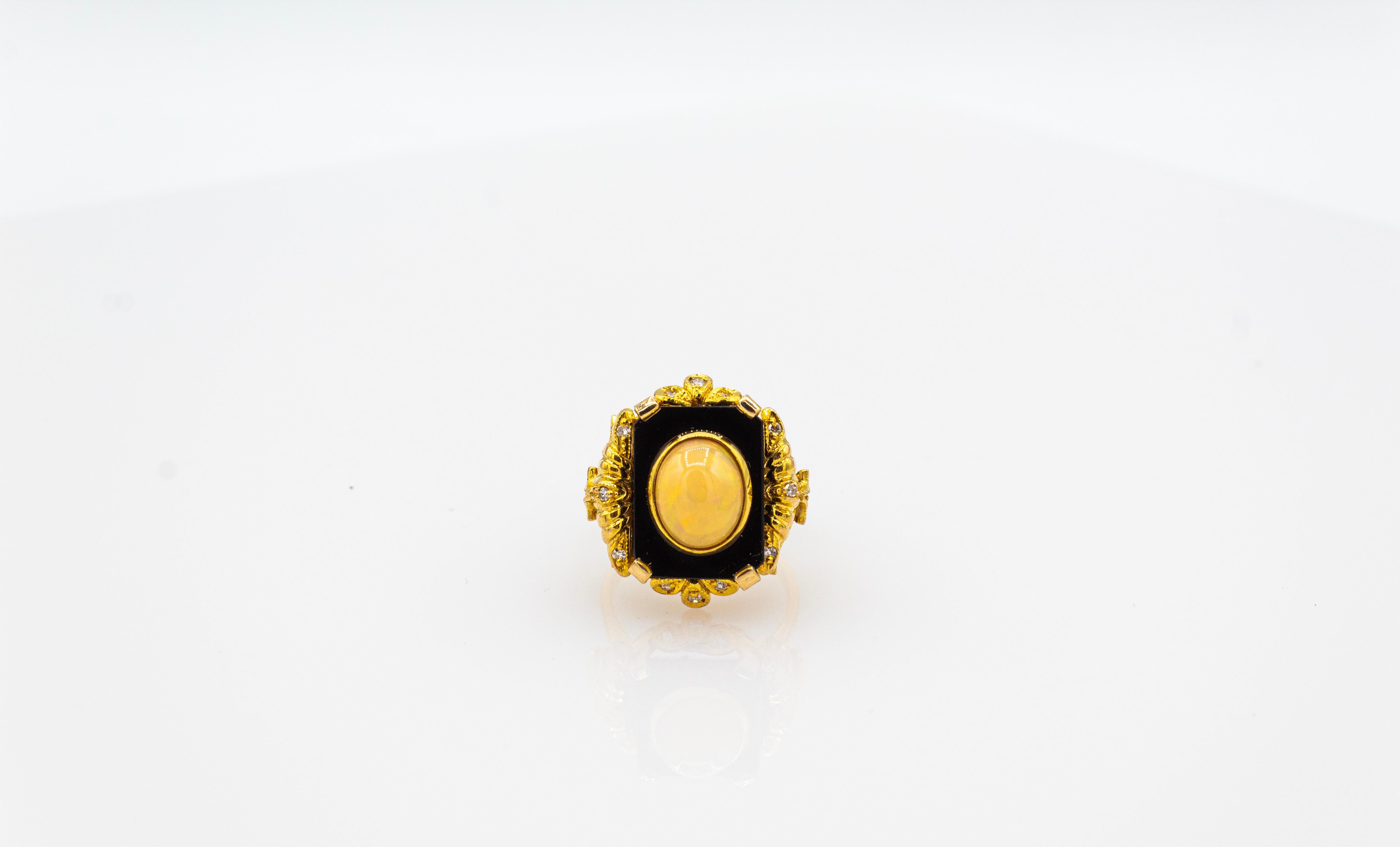 Art Deco Style White Diamond Cabochon Cut Opal Onyx Yellow Gold Cocktail Ring For Sale 3