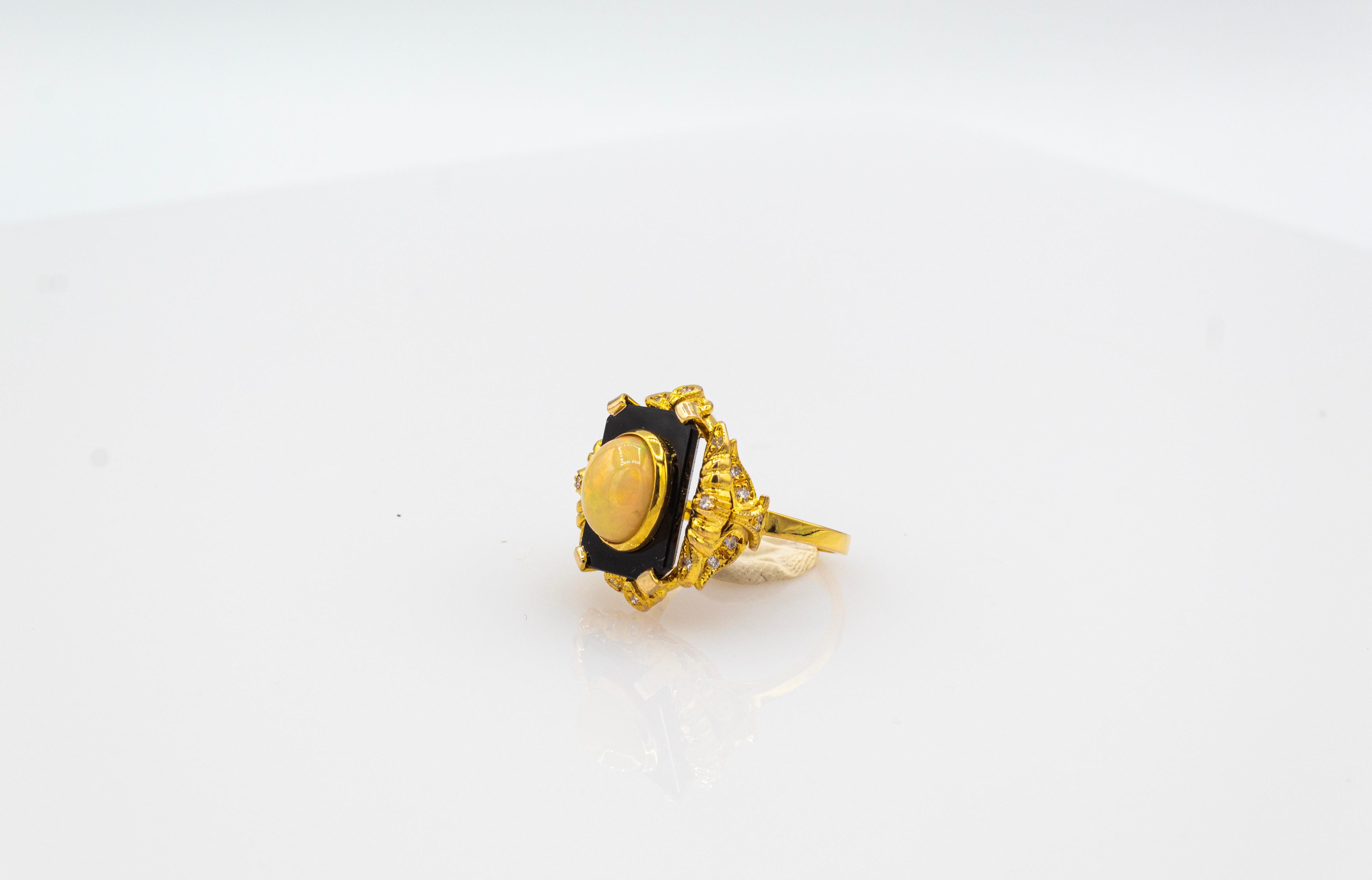 Art Deco Style White Diamond Cabochon Cut Opal Onyx Yellow Gold Cocktail Ring For Sale 4
