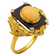 Art Deco Style White Diamond Cabochon Cut Opal Onyx Yellow Gold Cocktail Ring
